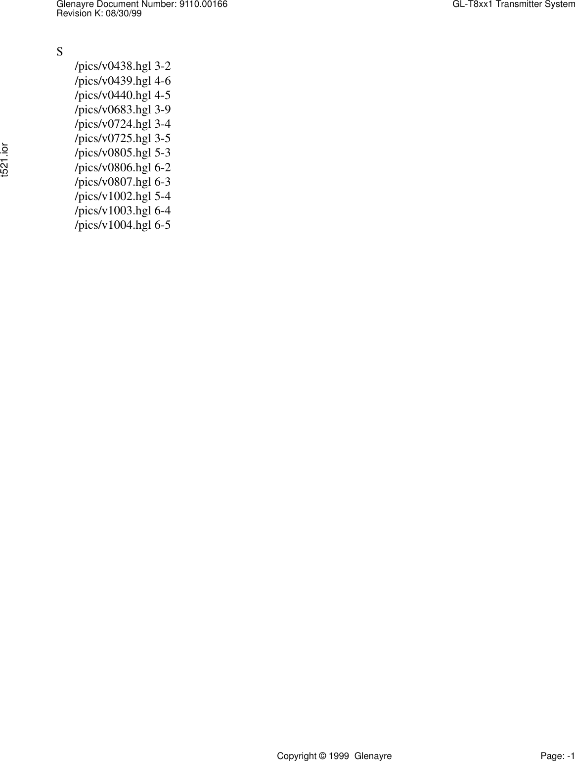 Glenayre Document Number: 9110.00166 GL-T8xx1 Transmitter SystemRevision K: 08/30/99t521.iorCopyright © 1999  Glenayre Page: -1S/pics/v0438.hgl 3-2/pics/v0439.hgl 4-6/pics/v0440.hgl 4-5/pics/v0683.hgl 3-9/pics/v0724.hgl 3-4/pics/v0725.hgl 3-5/pics/v0805.hgl 5-3/pics/v0806.hgl 6-2/pics/v0807.hgl 6-3/pics/v1002.hgl 5-4/pics/v1003.hgl 6-4/pics/v1004.hgl 6-5