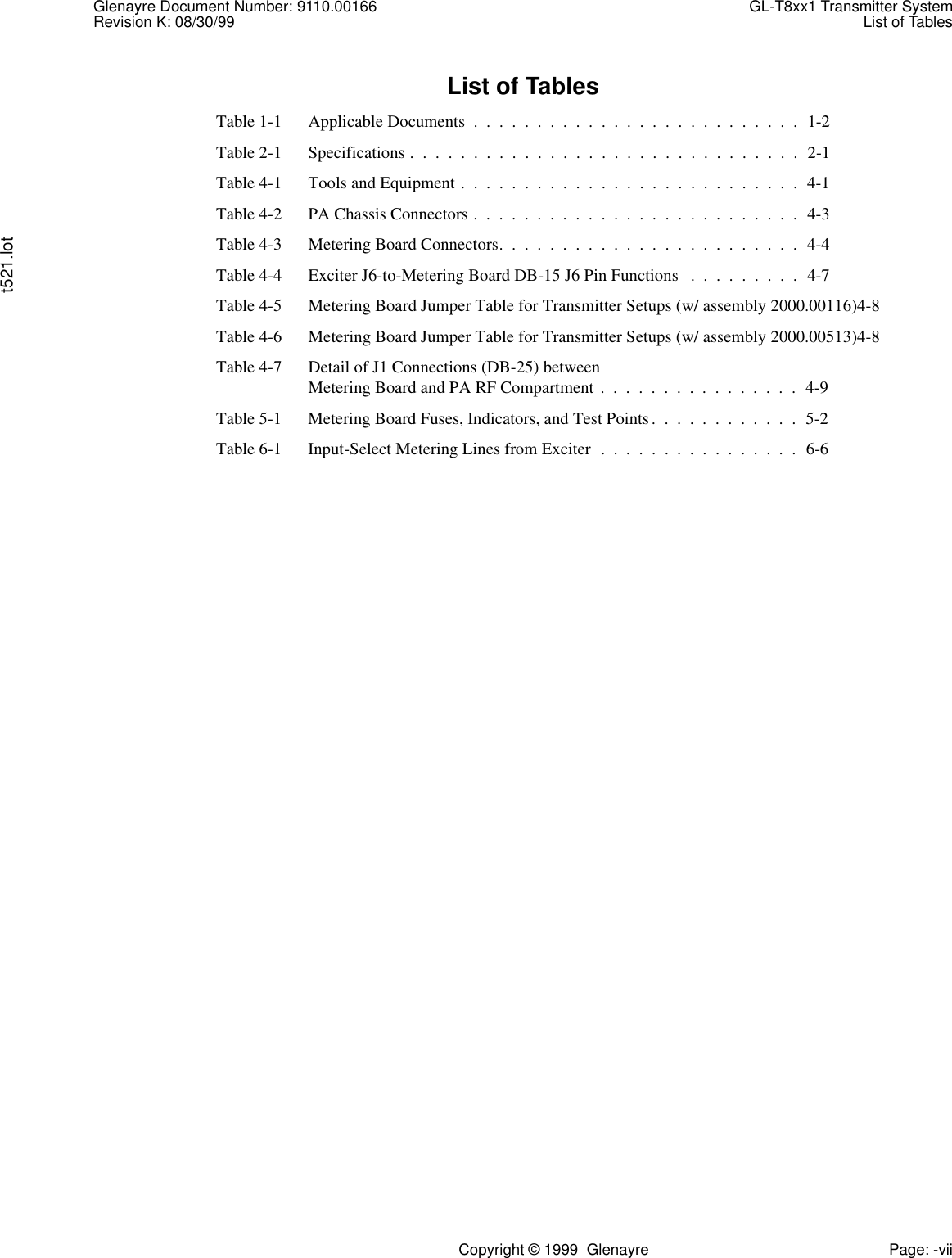 Glenayre Document Number: 9110.00166 GL-T8xx1 Transmitter SystemRevision K: 08/30/99 List of Tablest521.lotCopyright © 1999  Glenayre Page: -viiList of TablesTable 1-1 Applicable Documents .  .  .  .  .  .  .  .  .  .  .  .  .  .  .  .  .  .  .  .  .  .  .  .  .  .  1-2Table 2-1 Specifications .  .  .  .  .  .  .  .  .  .  .  .  .  .  .  .  .  .  .  .  .  .  .  .  .  .  .  .  .  .  .  2-1Table 4-1 Tools and Equipment .  .  .  .  .  .  .  .  .  .  .  .  .  .  .  .  .  .  .  .  .  .  .  .  .  .  .  4-1Table 4-2 PA Chassis Connectors .  .  .  .  .  .  .  .  .  .  .  .  .  .  .  .  .  .  .  .  .  .  .  .  .  .  4-3Table 4-3 Metering Board Connectors.  .  .  .  .  .  .  .  .  .  .  .  .  .  .  .  .  .  .  .  .  .  .  .  4-4Table 4-4 Exciter J6-to-Metering Board DB-15 J6 Pin Functions  .  .  .  .  .  .  .  .  .  4-7Table 4-5 Metering Board Jumper Table for Transmitter Setups (w/ assembly 2000.00116)4-8Table 4-6 Metering Board Jumper Table for Transmitter Setups (w/ assembly 2000.00513)4-8Table 4-7 Detail of J1 Connections (DB-25) betweenMetering Board and PA RF Compartment .  .  .  .  .  .  .  .  .  .  .  .  .  .  .  .  4-9Table 5-1 Metering Board Fuses, Indicators, and Test Points.  .  .  .  .  .  .  .  .  .  .  .  5-2Table 6-1 Input-Select Metering Lines from Exciter  .  .  .  .  .  .  .  .  .  .  .  .  .  .  .  .  6-6