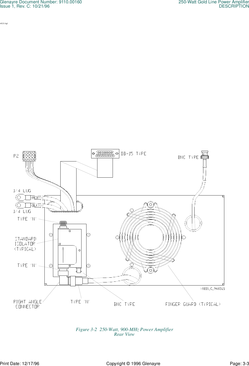 Glenayre Document Number: 9110.00160 250-Watt Gold Line Power AmplifierIssue 1, Rev. C: 10/21/96 DESCRIPTIONPrint Date: 12/17/96 Copyright © 1996 Glenayre Page: 3-3    v0221.hglFigure 3-2  250-Watt, 900-MHz Power AmplifierRear View