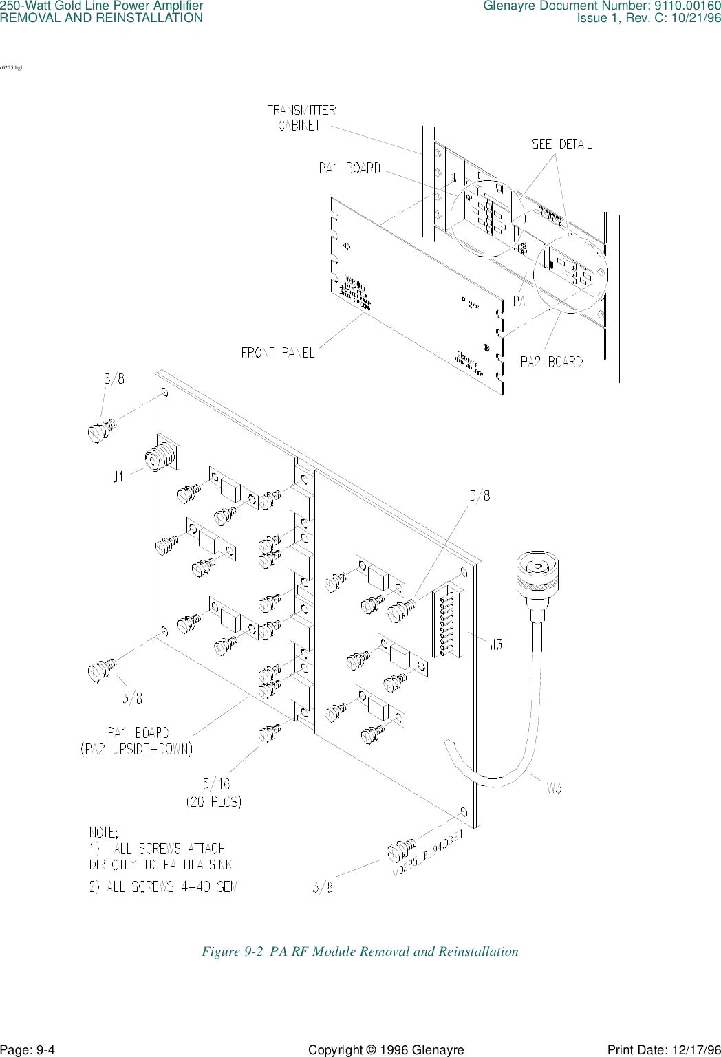 250-Watt Gold Line Power Amplifier Glenayre Document Number: 9110.00160REMOVAL AND REINSTALLATION Issue 1, Rev. C: 10/21/96Page: 9-4 Copyright © 1996 Glenayre Print Date: 12/17/96v0225.hglFigure 9-2  PA RF Module Removal and Reinstallation 