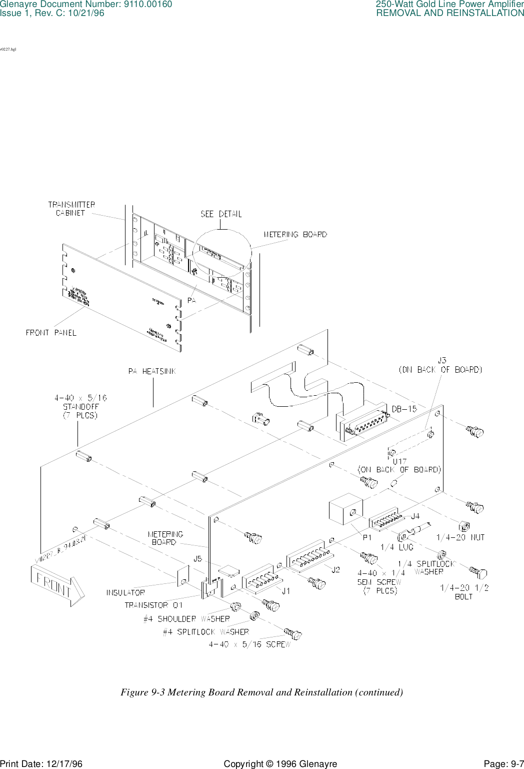 Glenayre Document Number: 9110.00160 250-Watt Gold Line Power AmplifierIssue 1, Rev. C: 10/21/96 REMOVAL AND REINSTALLATIONPrint Date: 12/17/96 Copyright © 1996 Glenayre Page: 9-7    v0227.hglFigure 9-3 Metering Board Removal and Reinstallation (continued)
