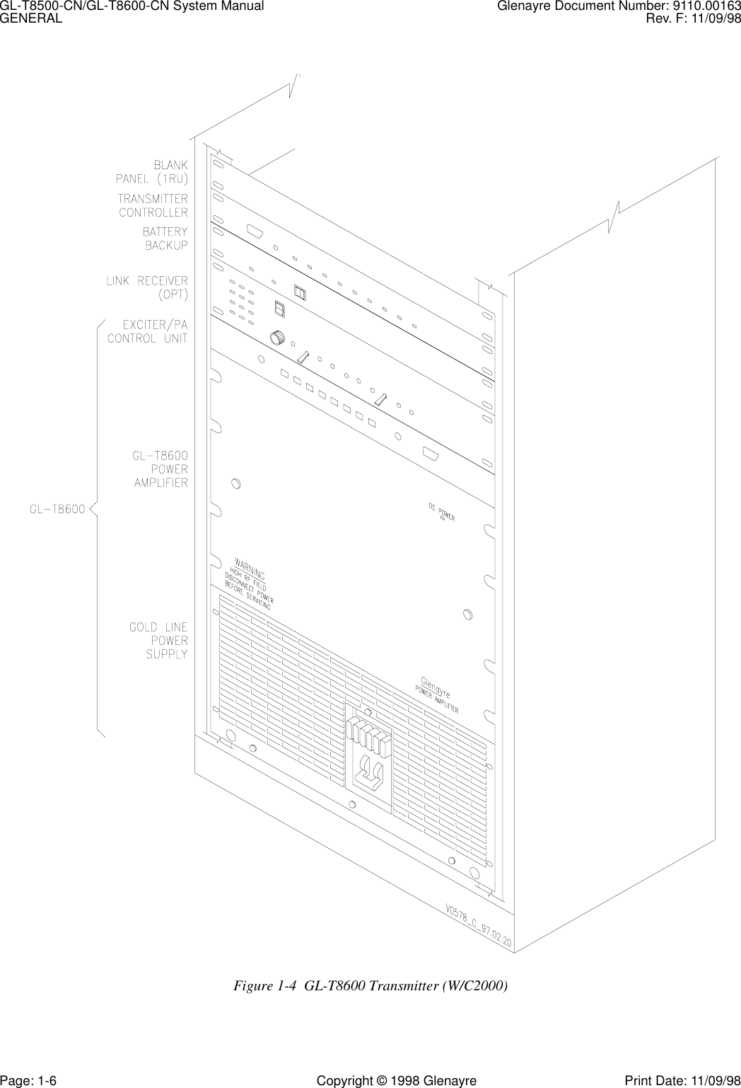 GL-T8500-CN/GL-T8600-CN System Manual Glenayre Document Number: 9110.00163GENERAL Rev. F: 11/09/98Page: 1-6 Copyright © 1998 Glenayre Print Date: 11/09/98     Figure 1-4  GL-T8600 Transmitter (W/C2000)