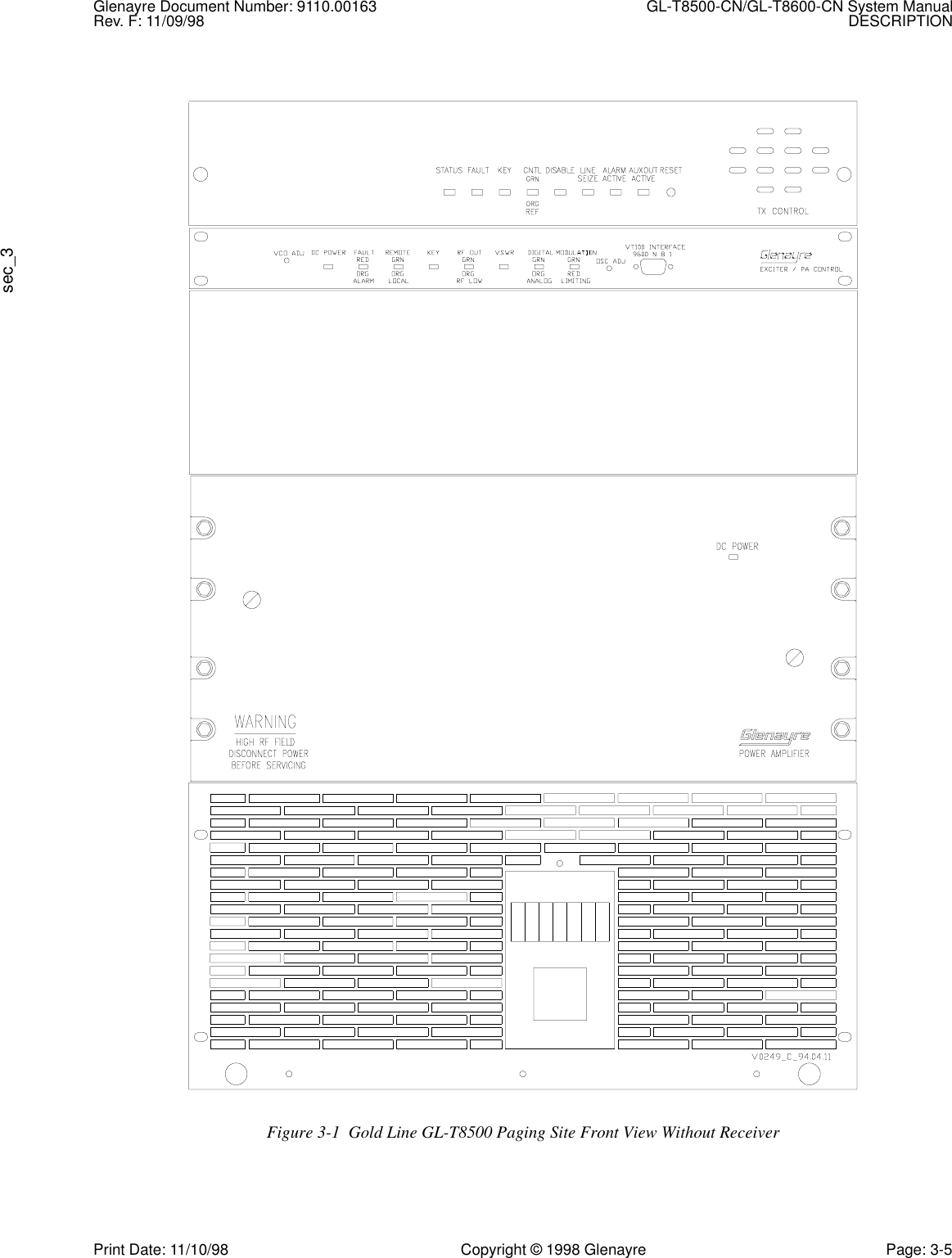 Glenayre Document Number: 9110.00163 GL-T8500-CN/GL-T8600-CN System ManualRev. F: 11/09/98 DESCRIPTIONsec_3Print Date: 11/10/98 Copyright © 1998 Glenayre Page: 3-5Figure 3-1  Gold Line GL-T8500 Paging Site Front View Without Receiver