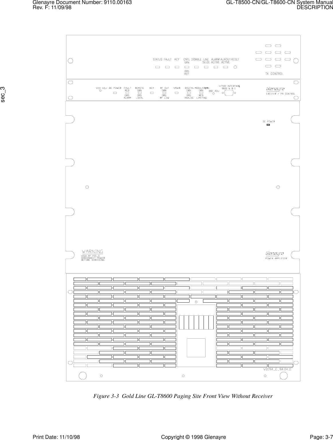 Glenayre Document Number: 9110.00163 GL-T8500-CN/GL-T8600-CN System ManualRev. F: 11/09/98 DESCRIPTIONsec_3Print Date: 11/10/98 Copyright © 1998 Glenayre Page: 3-7Figure 3-3  Gold Line GL-T8600 Paging Site Front View Without Receiver