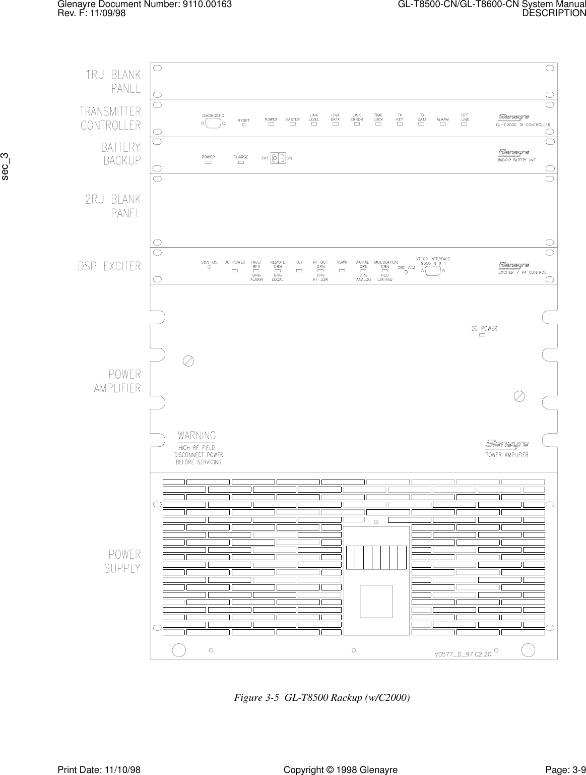 Glenayre Document Number: 9110.00163 GL-T8500-CN/GL-T8600-CN System ManualRev. F: 11/09/98 DESCRIPTIONsec_3Print Date: 11/10/98 Copyright © 1998 Glenayre Page: 3-9    Figure 3-5  GL-T8500 Rackup (w/C2000)