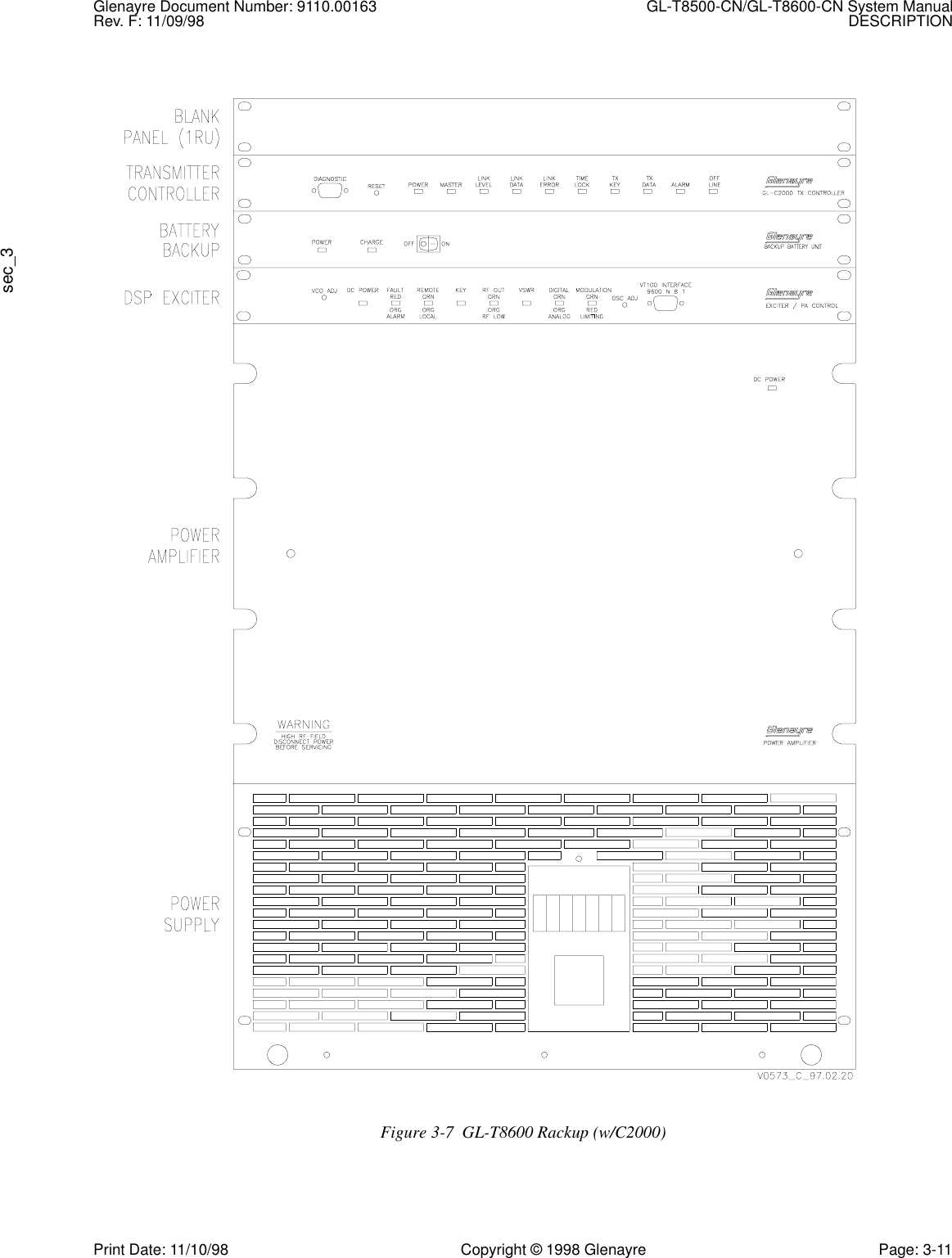 Glenayre Document Number: 9110.00163 GL-T8500-CN/GL-T8600-CN System ManualRev. F: 11/09/98 DESCRIPTIONsec_3Print Date: 11/10/98 Copyright © 1998 Glenayre Page: 3-11     Figure 3-7  GL-T8600 Rackup (w/C2000)