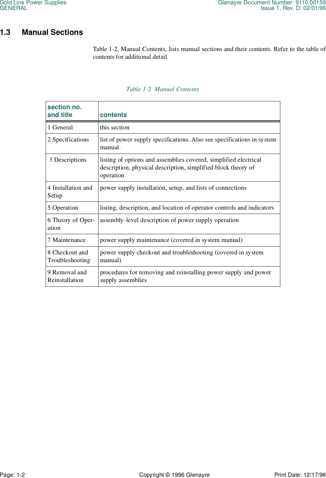 Gold Line Power Supplies Glenayre Document Number: 9110.00159GENERAL Issue 1, Rev. D: 02/01/96Page: 1-2 Copyright © 1996 Glenayre Print Date: 12/17/961.3 Manual SectionsTable 1-2, Manual Contents, lists manual sections and their contents. Refer to the table ofcontents for additional detail.Table 1-2  Manual Contents section no. and title contents1 General this section2 Specifications list of power supply specifications. Also see specifications in system manual. 3 Descriptions listing of options and assemblies covered, simplified electrical description, physical description, simplified block theory of operation4 Installation and Setuppower supply installation, setup, and lists of connections5 Operation listing, description, and location of operator controls and indicators6 Theory of Oper-ationassembly-level description of power supply operation7 Maintenance power supply maintenance (covered in system manual)8 Checkout and Troubleshootingpower supply checkout and troubleshooting (covered in system manual)9 Removal and Reinstallationprocedures for removing and reinstalling power supply and power supply assemblies