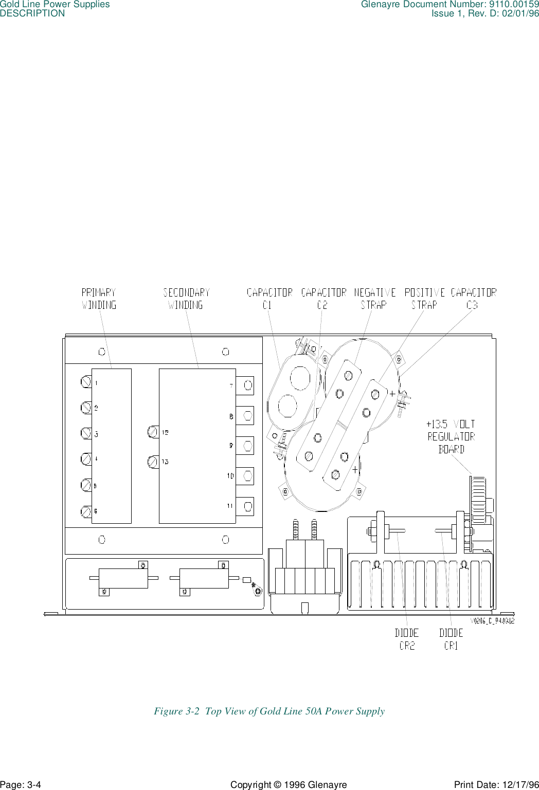 Gold Line Power Supplies Glenayre Document Number: 9110.00159DESCRIPTION Issue 1, Rev. D: 02/01/96Page: 3-4 Copyright © 1996 Glenayre Print Date: 12/17/96Figure 3-2  Top View of Gold Line 50A Power Supply