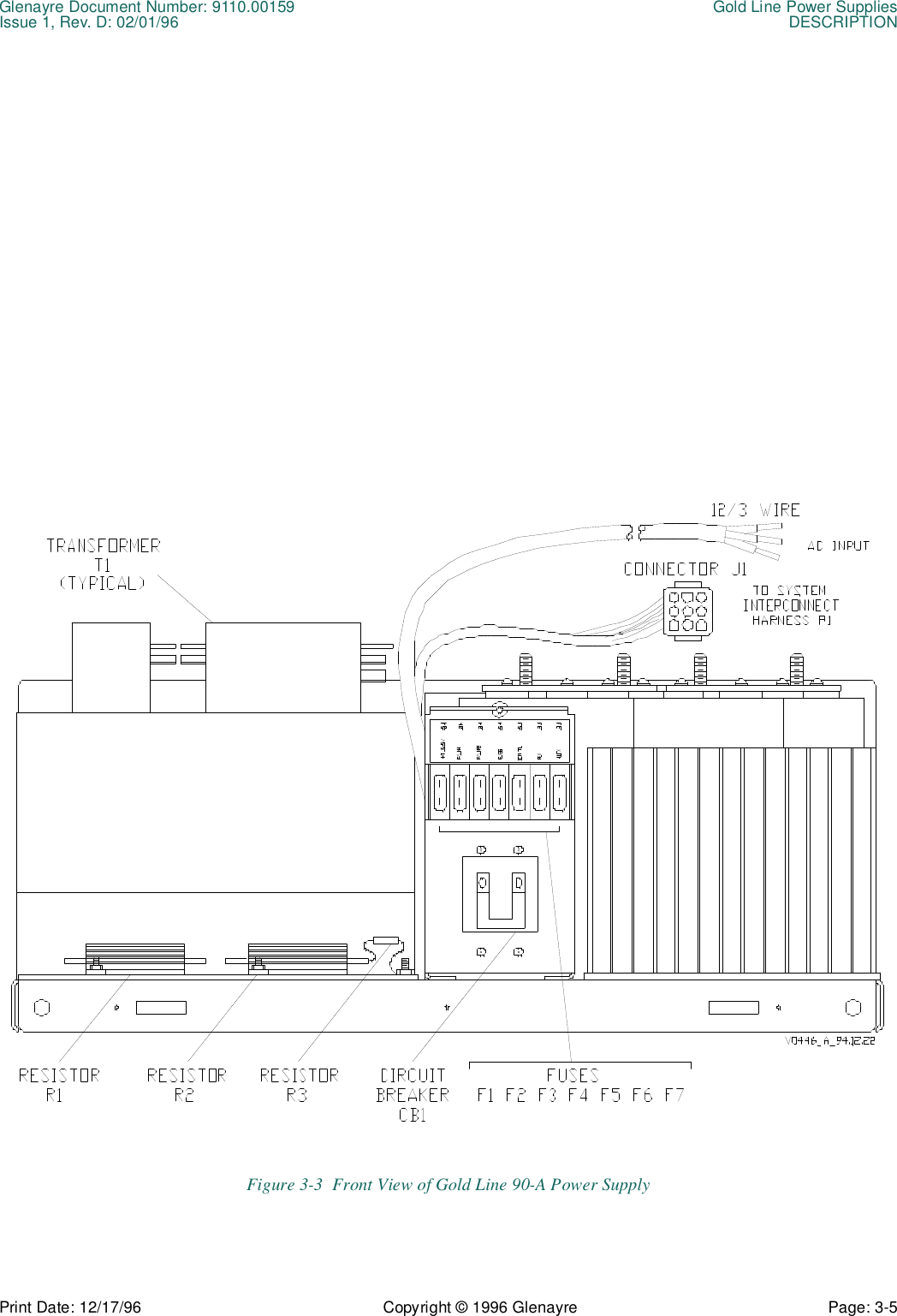 Glenayre Document Number: 9110.00159 Gold Line Power SuppliesIssue 1, Rev. D: 02/01/96 DESCRIPTIONPrint Date: 12/17/96 Copyright © 1996 Glenayre Page: 3-5    Figure 3-3  Front View of Gold Line 90-A Power Supply