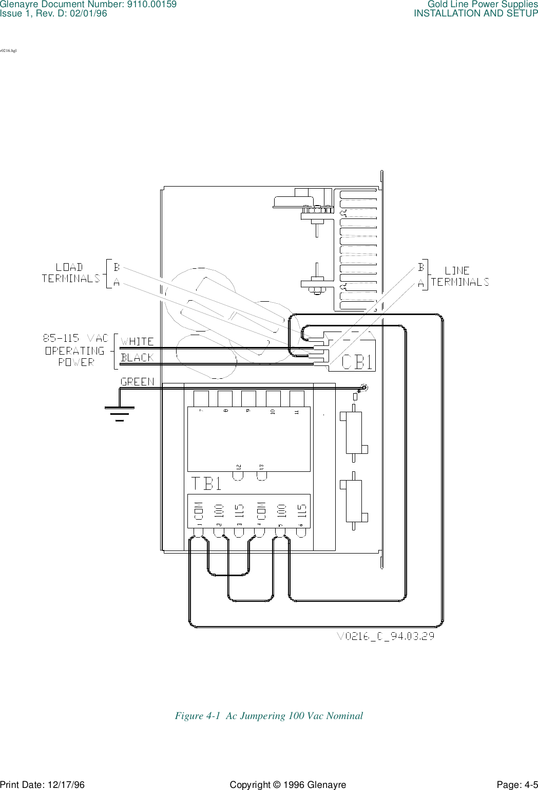 Glenayre Document Number: 9110.00159 Gold Line Power SuppliesIssue 1, Rev. D: 02/01/96 INSTALLATION AND SETUPPrint Date: 12/17/96 Copyright © 1996 Glenayre Page: 4-5    v0216.hglFigure 4-1  Ac Jumpering 100 Vac Nominal 