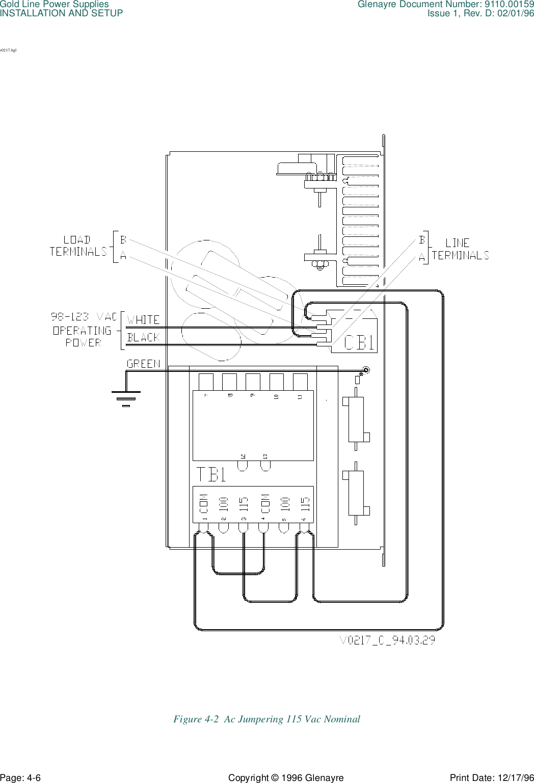 Gold Line Power Supplies Glenayre Document Number: 9110.00159INSTALLATION AND SETUP Issue 1, Rev. D: 02/01/96Page: 4-6 Copyright © 1996 Glenayre Print Date: 12/17/96v0217.hglFigure 4-2  Ac Jumpering 115 Vac Nominal 