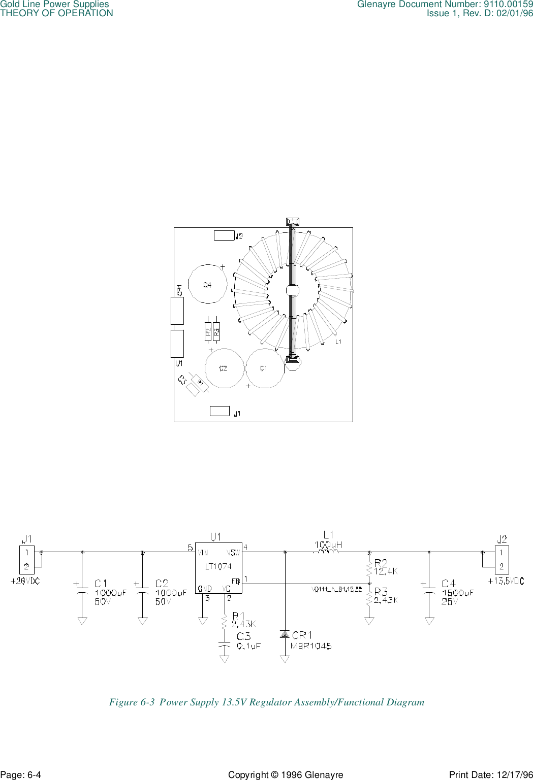 Gold Line Power Supplies Glenayre Document Number: 9110.00159THEORY OF OPERATION Issue 1, Rev. D: 02/01/96Page: 6-4 Copyright © 1996 Glenayre Print Date: 12/17/96Figure 6-3  Power Supply 13.5V Regulator Assembly/Functional Diagram