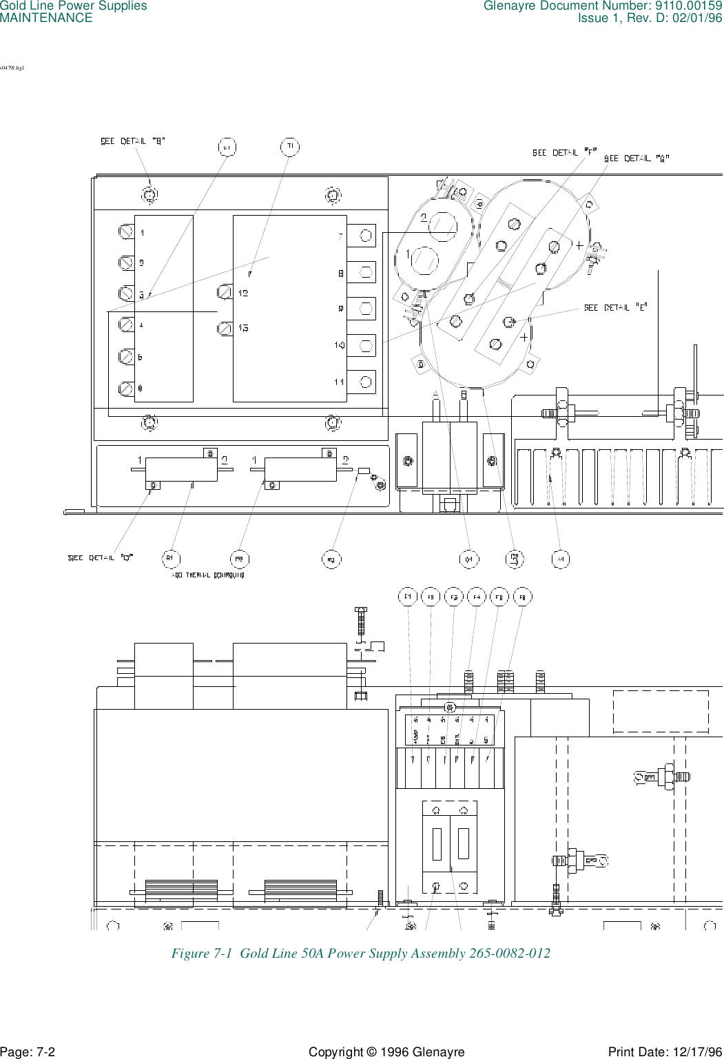 Gold Line Power Supplies Glenayre Document Number: 9110.00159MAINTENANCE Issue 1, Rev. D: 02/01/96Page: 7-2 Copyright © 1996 Glenayre Print Date: 12/17/96v0479l.hglFigure 7-1  Gold Line 50A Power Supply Assembly 265-0082-012