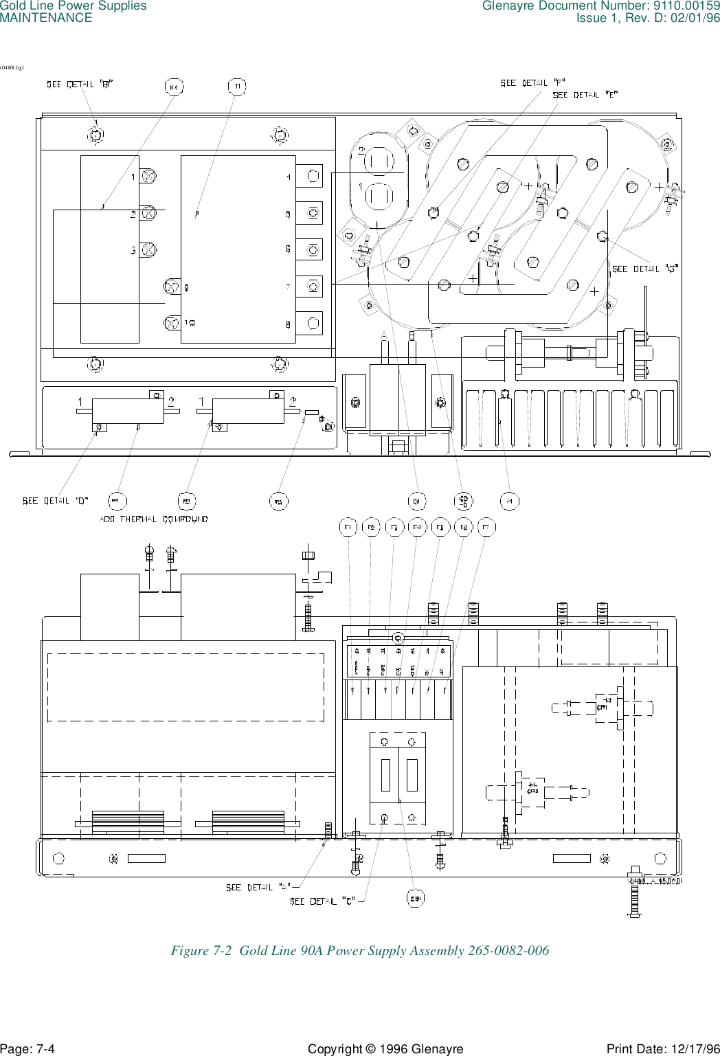 Gold Line Power Supplies Glenayre Document Number: 9110.00159MAINTENANCE Issue 1, Rev. D: 02/01/96Page: 7-4 Copyright © 1996 Glenayre Print Date: 12/17/96v0480l.hglFigure 7-2  Gold Line 90A Power Supply Assembly 265-0082-006