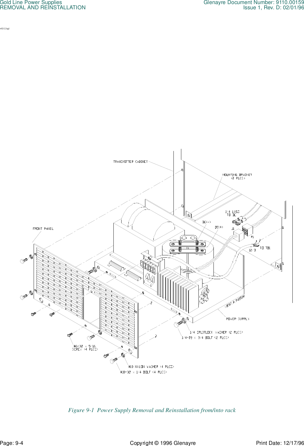 Gold Line Power Supplies Glenayre Document Number: 9110.00159REMOVAL AND REINSTALLATION Issue 1, Rev. D: 02/01/96Page: 9-4 Copyright © 1996 Glenayre Print Date: 12/17/96v0212.hglFigure 9-1  Power Supply Removal and Reinstallation from/into rack 