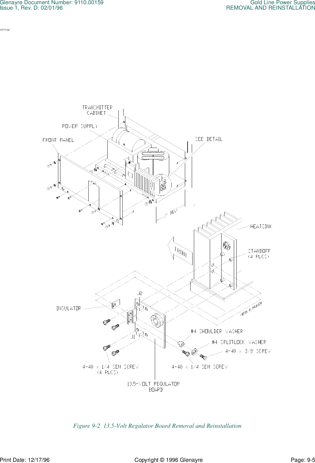 Glenayre Document Number: 9110.00159 Gold Line Power SuppliesIssue 1, Rev. D: 02/01/96 REMOVAL AND REINSTALLATIONPrint Date: 12/17/96 Copyright © 1996 Glenayre Page: 9-5    v0215.hglFigure 9-2  13.5-Volt Regulator Board Removal and Reinstallation 