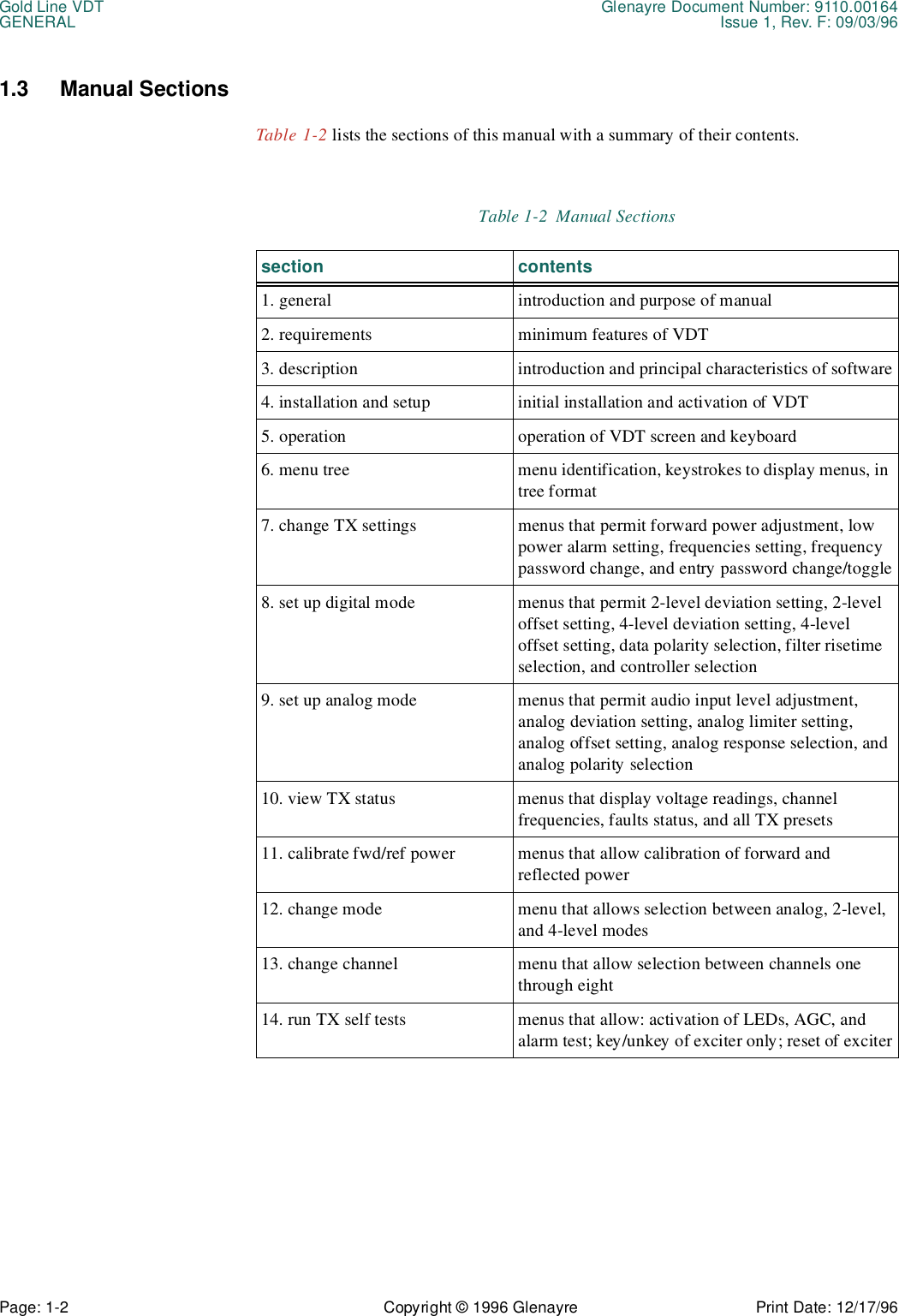 Gold Line VDT Glenayre Document Number: 9110.00164GENERAL Issue 1, Rev. F: 09/03/96Page: 1-2 Copyright © 1996 Glenayre Print Date: 12/17/961.3 Manual SectionsTable 1-2 lists the sections of this manual with a summary of their contents.    Table 1-2  Manual Sectionssection contents1. general introduction and purpose of manual2. requirements minimum features of VDT3. description introduction and principal characteristics of software4. installation and setup initial installation and activation of VDT5. operation operation of VDT screen and keyboard6. menu tree menu identification, keystrokes to display menus, in tree format7. change TX settings menus that permit forward power adjustment, low power alarm setting, frequencies setting, frequency password change, and entry password change/toggle8. set up digital mode menus that permit 2-level deviation setting, 2-level offset setting, 4-level deviation setting, 4-level offset setting, data polarity selection, filter risetime selection, and controller selection9. set up analog mode menus that permit audio input level adjustment, analog deviation setting, analog limiter setting, analog offset setting, analog response selection, and analog polarity selection10. view TX status menus that display voltage readings, channel frequencies, faults status, and all TX presets11. calibrate fwd/ref power menus that allow calibration of forward and reflected power12. change mode menu that allows selection between analog, 2-level, and 4-level modes13. change channel menu that allow selection between channels one through eight14. run TX self tests menus that allow: activation of LEDs, AGC, and alarm test; key/unkey of exciter only; reset of exciter