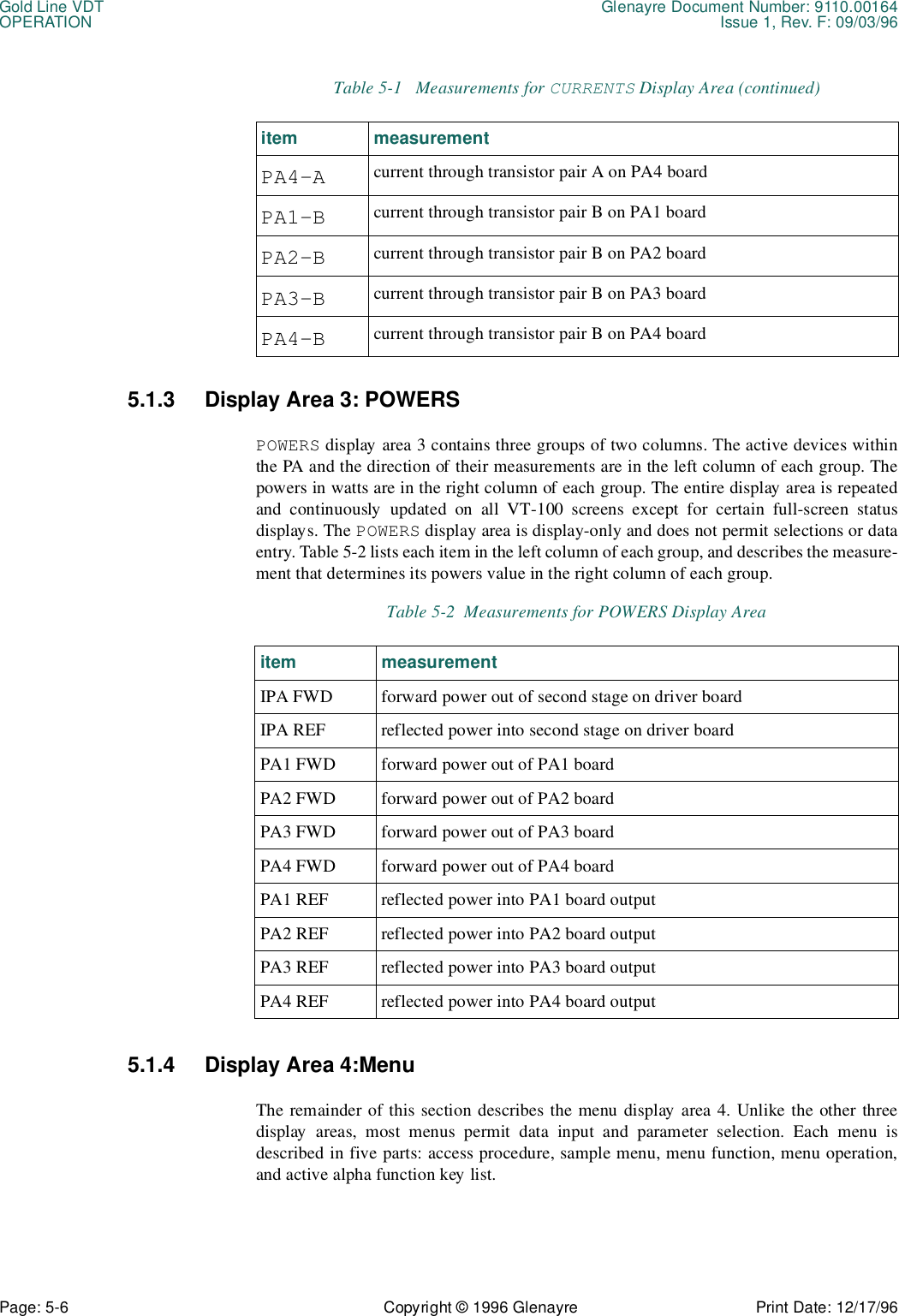 Gold Line VDT Glenayre Document Number: 9110.00164OPERATION Issue 1, Rev. F: 09/03/96Page: 5-6 Copyright © 1996 Glenayre Print Date: 12/17/965.1.3 Display Area 3: POWERSPOWERS display area 3 contains three groups of two columns. The active devices withinthe PA and the direction of their measurements are in the left column of each group. Thepowers in watts are in the right column of each group. The entire display area is repeatedand continuously updated on all VT-100 screens except for certain full-screen statusdisplays. The POWERS display area is display-only and does not permit selections or dataentry. Table 5-2 lists each item in the left column of each group, and describes the measure-ment that determines its powers value in the right column of each group. 5.1.4 Display Area 4:MenuThe remainder of this section describes the menu display area 4. Unlike the other threedisplay areas, most menus permit data input and parameter selection. Each menu isdescribed in five parts: access procedure, sample menu, menu function, menu operation,and active alpha function key list.PA4-A current through transistor pair A on PA4 boardPA1-B current through transistor pair B on PA1 boardPA2-B current through transistor pair B on PA2 boardPA3-B current through transistor pair B on PA3 boardPA4-B current through transistor pair B on PA4 boardTable 5-2  Measurements for POWERS Display Areaitem measurementIPA FWD forward power out of second stage on driver boardIPA REF reflected power into second stage on driver boardPA1 FWD forward power out of PA1 boardPA2 FWD forward power out of PA2 boardPA3 FWD forward power out of PA3 boardPA4 FWD forward power out of PA4 boardPA1 REF reflected power into PA1 board outputPA2 REF reflected power into PA2 board outputPA3 REF reflected power into PA3 board outputPA4 REF reflected power into PA4 board outputTable 5-1   Measurements for CURRENTS Display Area (continued)item measurement