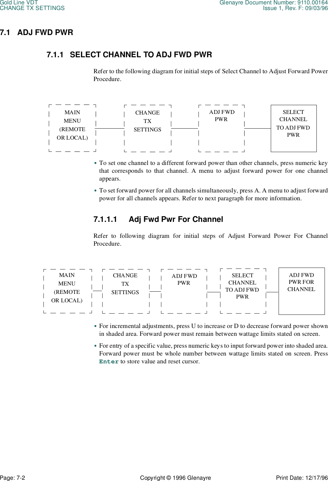 Gold Line VDT Glenayre Document Number: 9110.00164CHANGE TX SETTINGS Issue 1, Rev. F: 09/03/96Page: 7-2 Copyright © 1996 Glenayre Print Date: 12/17/967.1 ADJ FWD PWR7.1.1 SELECT CHANNEL TO ADJ FWD PWRRefer to the following diagram for initial steps of Select Channel to Adjust Forward PowerProcedure.•To set one channel to a different forward power than other channels, press numeric keythat corresponds to that channel. A menu to adjust forward power for one channelappears.•To set forward power for all channels simultaneously, press A. A menu to adjust forwardpower for all channels appears. Refer to next paragraph for more information.7.1.1.1 Adj Fwd Pwr For ChannelRefer to following diagram for initial steps of Adjust Forward Power For ChannelProcedure.•For incremental adjustments, press U to increase or D to decrease forward power shownin shaded area. Forward power must remain between wattage limits stated on screen.•For entry of a specific value, press numeric keys to input forward power into shaded area.Forward power must be whole number between wattage limits stated on screen. PressEnter to store value and reset cursor.MAINMENU(REMOTEOR LOCAL)CHANGETXSETTINGS ADJ FWD PWRSELECT CHANNELTO ADJ FWD PWRCHANGETXSETTINGS   MAINMENU(REMOTEOR LOCAL)ADJ FWD PWR FOR CHANNEL ADJ FWD PWRSELECT CHANNEL TO ADJ FWD PWR