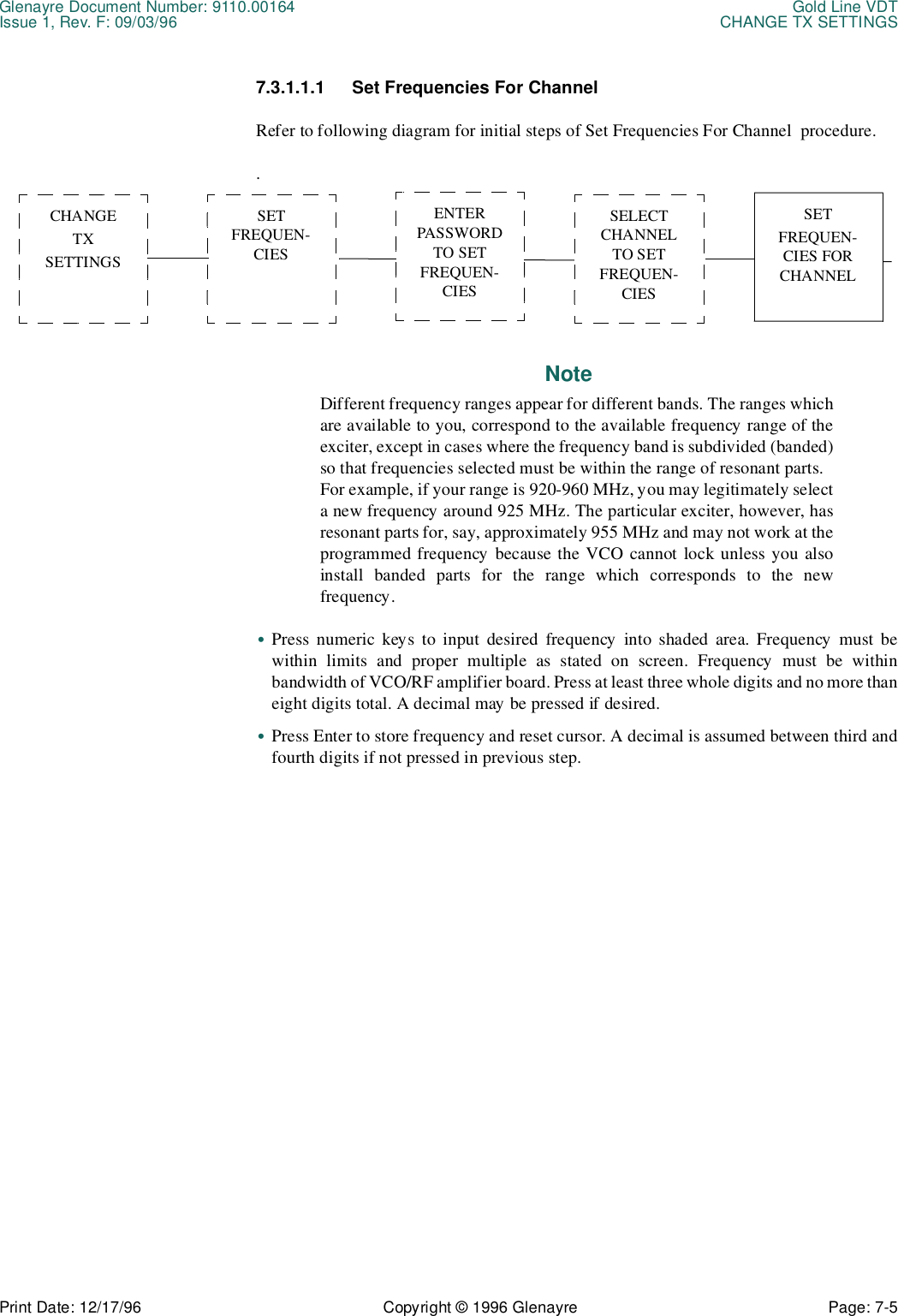 Glenayre Document Number: 9110.00164 Gold Line VDTIssue 1, Rev. F: 09/03/96 CHANGE TX SETTINGSPrint Date: 12/17/96 Copyright © 1996 Glenayre Page: 7-5    7.3.1.1.1 Set Frequencies For ChannelRefer to following diagram for initial steps of Set Frequencies For Channel  procedure.. NoteDifferent frequency ranges appear for different bands. The ranges whichare available to you, correspond to the available frequency range of theexciter, except in cases where the frequency band is subdivided (banded)so that frequencies selected must be within the range of resonant parts. For example, if your range is 920-960 MHz, you may legitimately selecta new frequency around 925 MHz. The particular exciter, however, hasresonant parts for, say, approximately 955 MHz and may not work at theprogrammed frequency because the VCO cannot lock unless you alsoinstall banded parts for the range which corresponds to the newfrequency.•Press numeric keys to input desired frequency into shaded area. Frequency must bewithin limits and proper multiple as stated on screen. Frequency must be withinbandwidth of VCO/RF amplifier board. Press at least three whole digits and no more thaneight digits total. A decimal may be pressed if desired.•Press Enter to store frequency and reset cursor. A decimal is assumed between third andfourth digits if not pressed in previous step.CHANGETXSETTINGSENTER PASSWORD TO SET FREQUEN-CIESSELECT CHANNEL TO SET FREQUEN-CIESSETFREQUEN-CIES FOR CHANNELSET FREQUEN-CIES