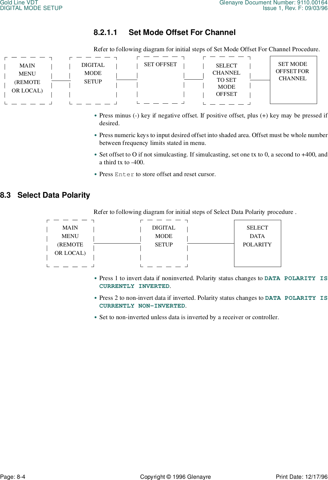 Gold Line VDT Glenayre Document Number: 9110.00164DIGITAL MODE SETUP Issue 1, Rev. F: 09/03/96Page: 8-4 Copyright © 1996 Glenayre Print Date: 12/17/968.2.1.1 Set Mode Offset For ChannelRefer to following diagram for initial steps of Set Mode Offset For Channel Procedure.•Press minus (-) key if negative offset. If positive offset, plus (+) key may be pressed ifdesired.•Press numeric keys to input desired offset into shaded area. Offset must be whole numberbetween frequency limits stated in menu.•Set offset to O if not simulcasting. If simulcasting, set one tx to 0, a second to +400, anda third tx to -400.•Press Enter to store offset and reset cursor.8.3 Select Data PolarityRefer to following diagram for initial steps of Select Data Polarity procedure .•Press 1 to invert data if noninverted. Polarity status changes to DATA POLARITY ISCURRENTLY INVERTED.•Press 2 to non-invert data if inverted. Polarity status changes to DATA POLARITY ISCURRENTLY NON-INVERTED.•Set to non-inverted unless data is inverted by a receiver or controller.MAINMENU(REMOTEOR LOCAL)DIGITAL MODESETUPSELECT CHANNEL TO SET MODE OFFSETSET OFFSET SET MODE OFFSET FOR CHANNELMAINMENU(REMOTEOR LOCAL)DIGITAL MODESETUPSELECT DATAPOLARITY