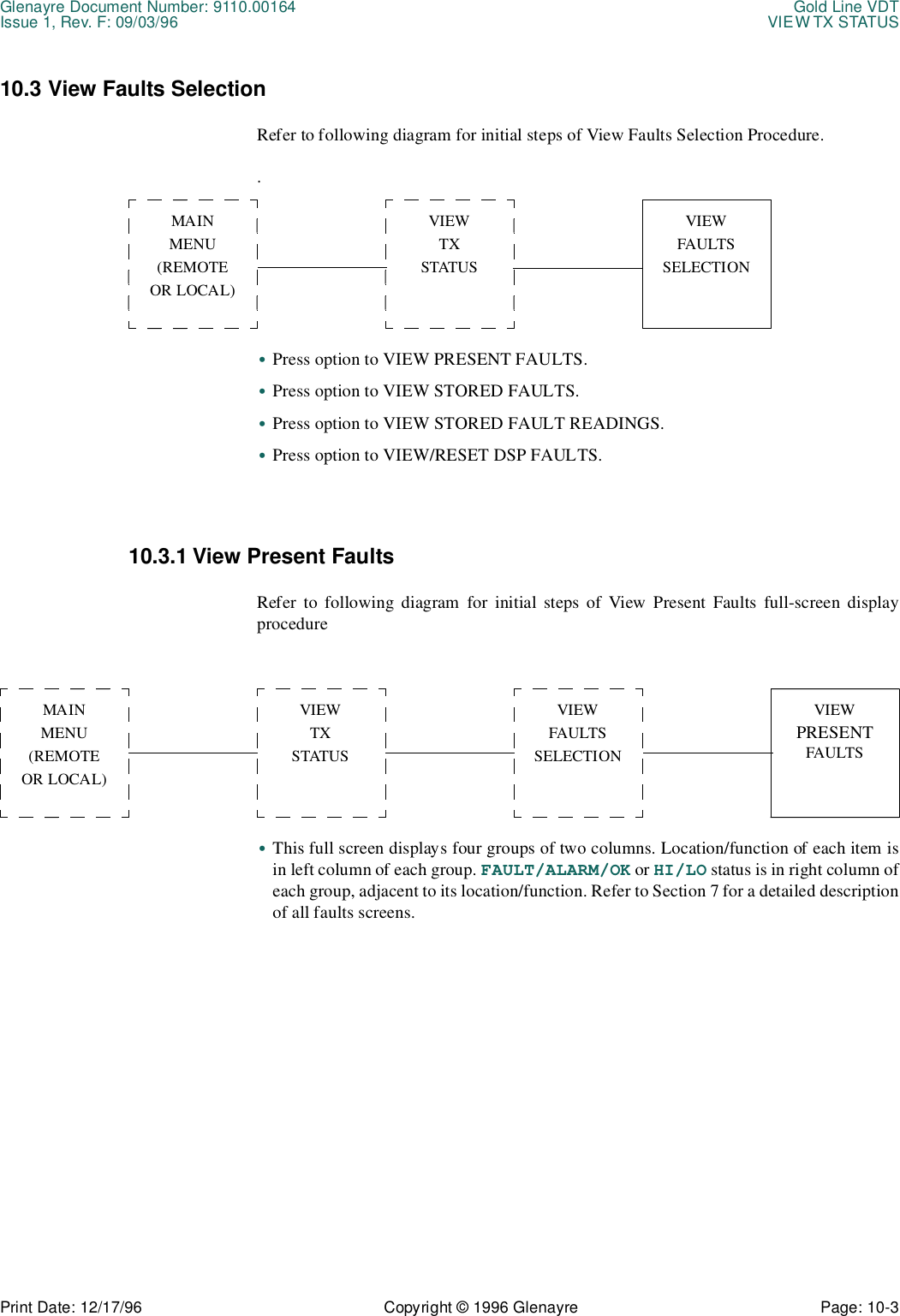 Glenayre Document Number: 9110.00164 Gold Line VDTIssue 1, Rev. F: 09/03/96 VIEW TX STATUSPrint Date: 12/17/96 Copyright © 1996 Glenayre Page: 10-3    10.3 View Faults SelectionRefer to following diagram for initial steps of View Faults Selection Procedure..  •Press option to VIEW PRESENT FAULTS.•Press option to VIEW STORED FAULTS.•Press option to VIEW STORED FAULT READINGS.•Press option to VIEW/RESET DSP FAULTS.10.3.1 View Present FaultsRefer to following diagram for initial steps of View Present Faults full-screen displayprocedure•This full screen displays four groups of two columns. Location/function of each item isin left column of each group. FAULT/ALARM/OK or HI/LO status is in right column ofeach group, adjacent to its location/function. Refer to Section 7 for a detailed descriptionof all faults screens.MAINMENU(REMOTEOR LOCAL)VIEWTXSTATUS VIEWFAULTSSELECTIONMAINMENU(REMOTEOR LOCAL)VIEWTXSTATUSVIEWFAULTSSELECTIONVIEWPRESENT FAULTS