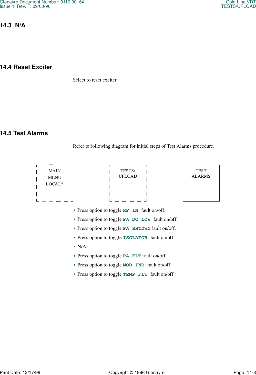 Glenayre Document Number: 9110.00164 Gold Line VDTIssue 1, Rev. F: 09/03/96 TESTS/UPLOADPrint Date: 12/17/96 Copyright © 1996 Glenayre Page: 14-3    14.3  N/A14.4 Reset ExciterSelect to reset exciter.14.5 Test AlarmsRefer to following diagram for initial steps of Test Alarms procedure.        •Press option to toggle RF IN fault on/off.•Press option to toggle PA DC LOW fault on/off.•Press option to toggle PA SHTDWN fault on/off.•Press option to toggle ISOLATOR fault on/off•N/A•Press option to toggle PA FLT fault on/off.•Press option to toggle MOD IND fault on/off.•Press option to toggle TEMP FLT fault on/offMAINMENULOCAL*TESTS/UPLOADTEST ALARMS
