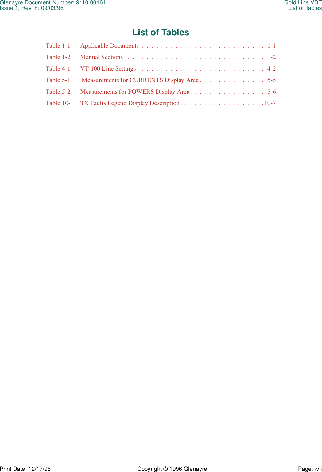 Glenayre Document Number: 9110.00164 Gold Line VDTIssue 1, Rev. F: 09/03/96 List of TablesPrint Date: 12/17/96 Copyright © 1996 Glenayre Page: -vii    List of Tables Table 1-1 Applicable Documents  .  .  .  .  .  .  .  .  .  .  .  .  .  .  .  .  .  .  .  .  .  .  .  .  .  .  1-1Table 1-2 Manual Sections   .  .  .  .  .  .  .  .  .  .  .  .  .  .  .  .  .  .  .  .  .  .  .  .  .  .  .  .  .  1-2Table 4-1 VT-100 Line Settings .  .  .  .  .  .  .  .  .  .  .  .  .  .  .  .  .  .  .  .  .  .  .  .  .  .  .  4-2Table 5-1  Measurements for CURRENTS Display Area.  .  .  .  .  .  .  .  .  .  .  .  .  .  5-5Table 5-2 Measurements for POWERS Display Area.  .  .  .  .  .  .  .  .  .  .  .  .  .  .  .  5-6Table 10-1 TX Faults Legend Display Description .  .  .  .  .  .  .  .  .  .  .  .  .  .  .  .  .  .10-7