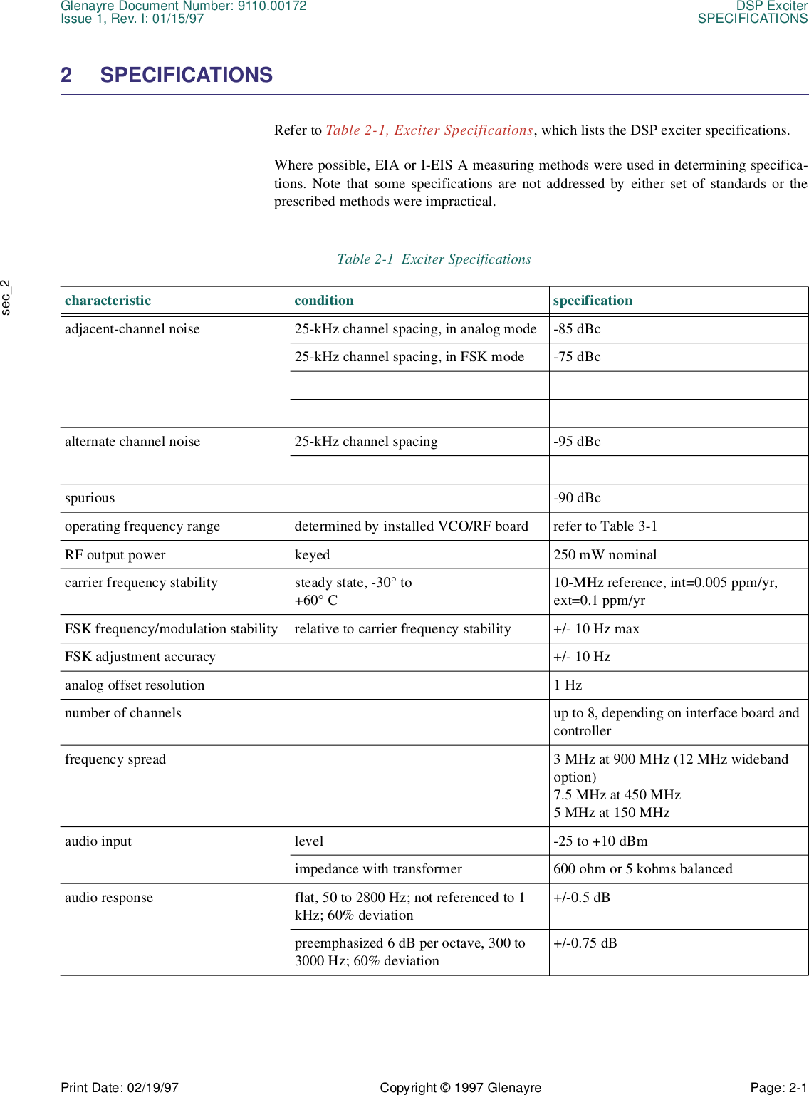 Glenayre Document Number: 9110.00172 DSP ExciterIssue 1, Rev. I: 01/15/97 SPECIFICATIONSPrint Date: 02/19/97 Copyright © 1997 Glenayre Page: 2-1    sec_22 SPECIFICATIONSRefer to Table 2-1, Exciter Specifications, which lists the DSP exciter specifications.Where possible, EIA or I-EIS A measuring methods were used in determining specifica-tions. Note that some specifications are not addressed by either set of standards or theprescribed methods were impractical. Table 2-1  Exciter Specifications characteristic condition specificationadjacent-channel noise 25-kHz channel spacing, in analog mode -85 dBc25-kHz channel spacing, in FSK mode -75 dBcalternate channel noise 25-kHz channel spacing -95 dBcspurious -90 dBcoperating frequency range determined by installed VCO/RF board refer to Table 3-1RF output power keyed 250 mW nominalcarrier frequency stability steady state, -30° to +60° C10-MHz reference, int=0.005 ppm/yr, ext=0.1 ppm/yrFSK frequency/modulation stability relative to carrier frequency stability +/- 10 Hz maxFSK adjustment accuracy +/- 10 Hzanalog offset resolution 1 Hznumber of channels up to 8, depending on interface board and controllerfrequency spread 3 MHz at 900 MHz (12 MHz wideband option)7.5 MHz at 450 MHz5 MHz at 150 MHzaudio input level -25 to +10 dBmimpedance with transformer 600 ohm or 5 kohms balancedaudio response flat, 50 to 2800 Hz; not referenced to 1 kHz; 60% deviation+/-0.5 dBpreemphasized 6 dB per octave, 300 to 3000 Hz; 60% deviation+/-0.75 dB