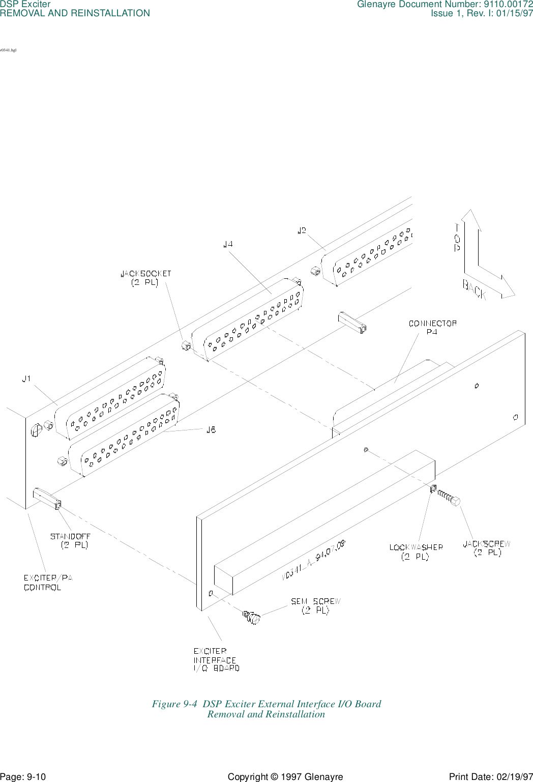 DSP Exciter Glenayre Document Number: 9110.00172REMOVAL AND REINSTALLATION Issue 1, Rev. I: 01/15/97Page: 9-10 Copyright © 1997 Glenayre Print Date: 02/19/97v0341.hglFigure 9-4  DSP Exciter External Interface I/O BoardRemoval and Reinstallation