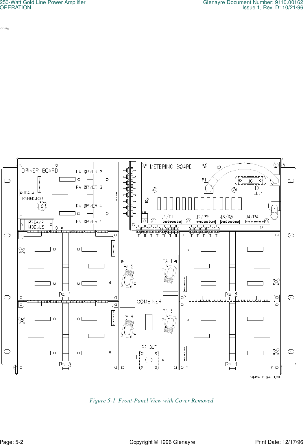 250-Watt Gold Line Power Amplifier Glenayre Document Number: 9110.00162OPERATION Issue 1, Rev. D: 10/21/96Page: 5-2 Copyright © 1996 Glenayre Print Date: 12/17/96v0424.hglFigure 5-1  Front-Panel View with Cover Removed 
