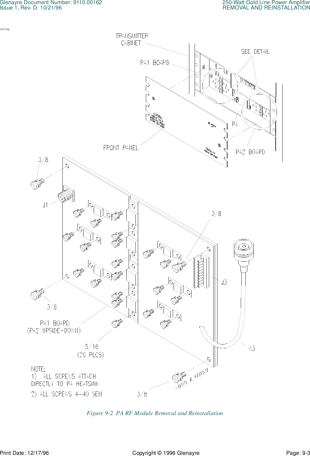 Glenayre Document Number: 9110.00162 250-Watt Gold Line Power AmplifierIssue 1, Rev. D: 10/21/96 REMOVAL AND REINSTALLATIONPrint Date: 12/17/96 Copyright © 1996 Glenayre Page: 9-3    v0225.hglFigure 9-2  PA RF Module Removal and Reinstallation 