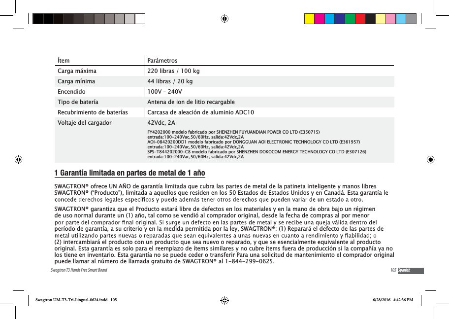 105Swagtron T3 Hands Free Smart Board Spanish&Iacute;tem Par&aacute;metrosCarga m&aacute;xima 220 libras / 100 kgCarga m&iacute;nima 44 libras / 20 kgEncendido 100V &ndash; 240VTipo de bater&iacute;a Antena de ion de litio recargableRecubrimiento de bater&iacute;as Carcasa de aleaci&oacute;n de aluminio ADC10Voltaje del cargador 42Vdc, 2AFY4202000 modelo fabricado por SHENZHEN FUYUANDIAN POWER CO LTD (E350715)entrada:100-240Vac,50/60Hz, salida:42Vdc,2AAOI-08420200DD1 modelo fabricado por DONGGUAN AOI ELECTRONIC TECHNOLOGY CO LTD (E361957)entrada:100-240Vac,50/60Hz, salida:42Vdc,2ASPS-T844202000-C8 modelo fabricado por SHENZHEN DOKOCOM ENERGY TECHNOLOGY CO LTD (E307126)entrada:100-240Vac,50/60Hz, salida:42Vdc,2A1 Garant&iacute;a limitada en partes de metal de 1 a&ntilde;oSWAGTRON&reg; ofrece UN A&Ntilde;O de garant&iacute;a limitada que cubra las partes de metal de la patineta inteligente y manos libres SWAGTRON&reg; (&ldquo;Producto&rdquo;), limitada a aquellos que residen en los 50 Estados de Estados Unidos y en Canad&aacute;. Esta garant&iacute;a le SWAGTRON&reg; garantiza que el Producto estar&aacute; libre de defectos en los materiales y en la mano de obra bajo un r&eacute;gimen de uso normal durante un (1) a&ntilde;o, tal como se vendi&oacute; al comprador original, desde la fecha de compras al por menor per&iacute;odo de garant&iacute;a, a su criterio y en la medida permitida por la ley, SWAGTRON&reg;: (1) Reparar&aacute; el defecto de las partes de (2) intercambiar&aacute; el producto con un producto que sea nuevo o reparado, y que se esencialmente equivalente al producto original. Esta garant&iacute;a es solo para el reemplazo de &iacute;tems similares y no cubre &iacute;tems fuera de producci&oacute;n si la compa&ntilde;&iacute;a ya no los tiene en inventario. Esta garant&iacute;a no se puede ceder o transferir Para una solicitud de mantenimiento el comprador original puede llamar al n&uacute;mero de llamada gratuito de SWAGTRON&reg; al 1-844-299-0625.Swagtron UM-T3-Tri-Lingual-0624.indd   105 6/28/2016   4:42:36 PM