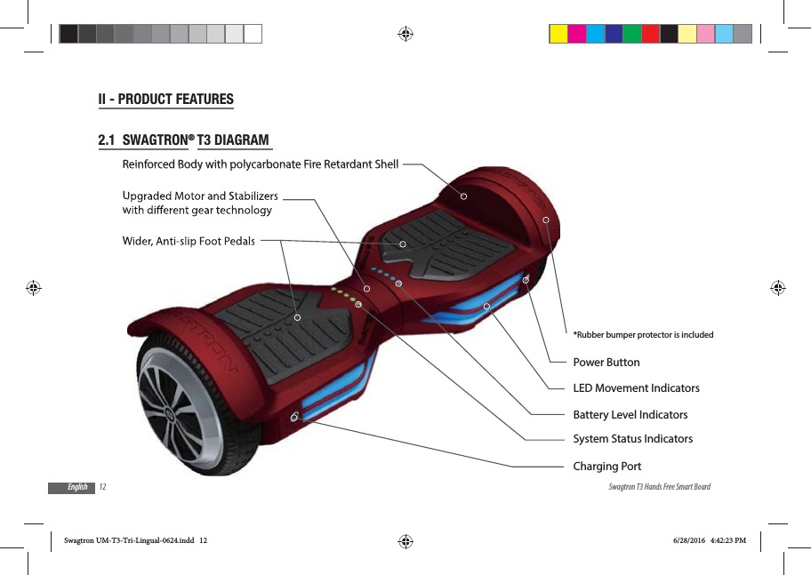 12 Swagtron T3 Hands Free Smart BoardEnglishII - PRODUCT FEATURES2.1  SWAGTRON&reg; T3 DIAGRAM LED Movement IndicatorsPower ButtonCharging Port*Rubber bumper protector is includedBattery Level IndicatorsSystem Status IndicatorsWider, Anti-slip Foot PedalsReinforced Body with polycarbonate Fire Retardant ShellUpgraded Motor and Stabilizerswith dierent gear technologySwagtron UM-T3-Tri-Lingual-0624.indd   12 6/28/2016   4:42:23 PM