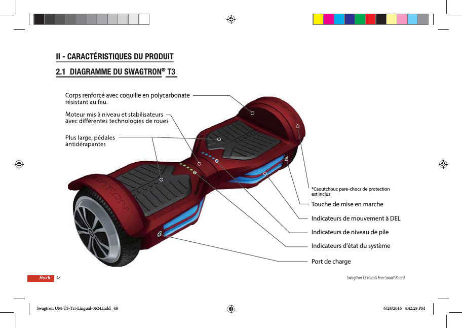 48 Swagtron T3 Hands Free Smart BoardFrenchII - CARACT&Eacute;RISTIQUES DU PRODUIT2.1  DIAGRAMME DU SWAGTRON&reg; T3  Indicateurs de mouvement &agrave; DELTouche de mise en marchePort de charge*Caoutchouc pare-chocs de protection est inclusIndicateurs de niveau de pileIndicateurs d'&eacute;tat du syst&egrave;mePlus large, p&eacute;dales antid&eacute;rapantesCorps renforc&eacute; avec coquille en polycarbonate r&eacute;sistant au feu.Moteur mis &agrave; niveau et stabilisateurs avec di&eacute;rentes technologies de rouesSwagtron UM-T3-Tri-Lingual-0624.indd   48 6/28/2016   4:42:28 PM