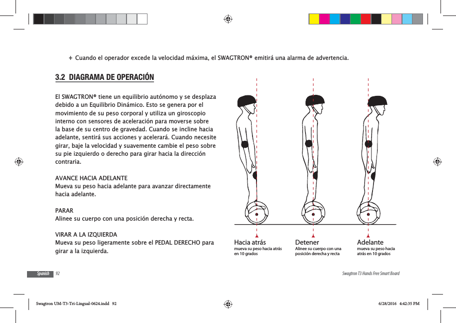 92 Swagtron T3 Hands Free Smart BoardSpanish +Cuando el operador excede la velocidad m&aacute;xima, el SWAGTRON&reg; emitir&aacute; una alarma de advertencia.3.2  DIAGRAMA DE OPERACI&Oacute;NEl SWAGTRON&reg; tiene un equilibrio aut&oacute;nomo y se desplaza debido a un Equilibrio Din&aacute;mico. Esto se genera por el movimiento de su peso corporal y utiliza un giroscopio interno con sensores de aceleraci&oacute;n para moverse sobre la base de su centro de gravedad. Cuando se incline hacia adelante, sentir&aacute; sus acciones y acelerar&aacute;. Cuando necesite girar, baje la velocidad y suavemente cambie el peso sobre su pie izquierdo o derecho para girar hacia la direcci&oacute;n contraria.AVANCE HACIA ADELANTEMueva su peso hacia adelante para avanzar directamente hacia adelante.PARARAlinee su cuerpo con una posici&oacute;n derecha y recta.VIRAR A LA IZQUIERDAMueva su peso ligeramente sobre el PEDAL DERECHO para girar a la izquierda.Adelantemueva su peso hacia atr&aacute;s en 10 gradosHacia atr&aacute;smueva su peso hacia atr&aacute;s en 10 gradosDetenerAlinee su cuerpo con una posici&oacute;n derecha y rectaSwagtron UM-T3-Tri-Lingual-0624.indd   92 6/28/2016   4:42:35 PM