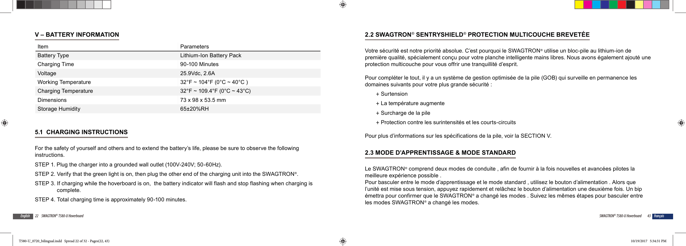 22 SWAGTRON&reg; T580-U HoverboardEnglishV &ndash; BATTERY INFORMATIONItem ParametersBattery Type Lithium-Ion Battery PackCharging Time 90-100 MinutesVoltage 25.9Vdc, 2.6AWorking Temperature 32&deg;F ~ 104&deg;F (0&deg;C ~ 40&deg;C )Charging Temperature 32&deg;F ~ 109.4&deg;F (0&deg;C ~ 43&deg;C)Dimensions 73 x 98 x 53.5 mmStorage Humidity 65&plusmn;20%RH5.1  CHARGING INSTRUCTIONS For the safety of yourself and others and to extend the battery&rsquo;s life, please be sure to observe the following instructions.STEP 1. Plug the charger into a grounded wall outlet (100V-240V; 50-60Hz).STEP 2. Verify that the green light is on, then plug the other end of the charging unit into the SWAGTRON&reg;.STEP 3. If charging while the hoverboard is on,  the battery indicator will flash and stop flashing when charging is complete. STEP 4. Total charging time is approximately 90-100 minutes.43SWAGTRON&reg; T580-U Hoverboard fran&ccedil;ais2.2 SWAGTRON&reg; SENTRYSHIELD&reg; PROTECTION MULTICOUCHE BREVET&Eacute;EVotre s&eacute;curit&eacute; est notre priorit&eacute; absolue. C&rsquo;est pourquoi le SWAGTRON&reg; utilise un bloc-pile au lithium-ion de premi&egrave;re qualit&eacute;, sp&eacute;cialement con&ccedil;u pour votre planche intelligente mains libres. Nous avons &eacute;galement ajout&eacute; une protection multicouche pour vous offrir une tranquillit&eacute; d&rsquo;esprit.Pour compl&eacute;ter le tout, il y a un syst&egrave;me de gestion optimis&eacute;e de la pile (GOB) qui surveille en permanence les domaines suivants pour votre plus grande s&eacute;curit&eacute; : +Surtension +La temp&eacute;rature augmente +Surcharge de la pile +Protection contre les surintensit&eacute;s et les courts-circuitsPour plus d&rsquo;informations sur les sp&eacute;cifications de la pile, voir la SECTION V.2.3 MODE D&rsquo;APPRENTISSAGE &amp; MODE STANDARDLe SWAGTRON&reg; comprend deux modes de conduite , afin de fournir &agrave; la fois nouvelles et avanc&eacute;es pilotes la meilleure exp&eacute;rience possible .Pour basculer entre le mode d&rsquo;apprentissage et le mode standard , utilisez le bouton d&rsquo;alimentation . Alors que l&rsquo;unit&eacute; est mise sous tension, appuyez rapidement et rel&acirc;chez le bouton d&rsquo;alimentation une deuxi&egrave;me fois. Un bip &eacute;mettra pour confirmer que le SWAGTRON&reg; a chang&eacute; les modes . Suivez les m&ecirc;mes &eacute;tapes pour basculer entre les modes SWAGTRON&reg; a chang&eacute; les modes. T580-U_0720_bilingual.indd   Spread 22 of 32 - Pages(22, 43)T580-U_0720_bilingual.indd   Spread 22 of 32 - Pages(22, 43) 10/19/2017   5:34:31 PM10/19/2017   5:34:31 PM