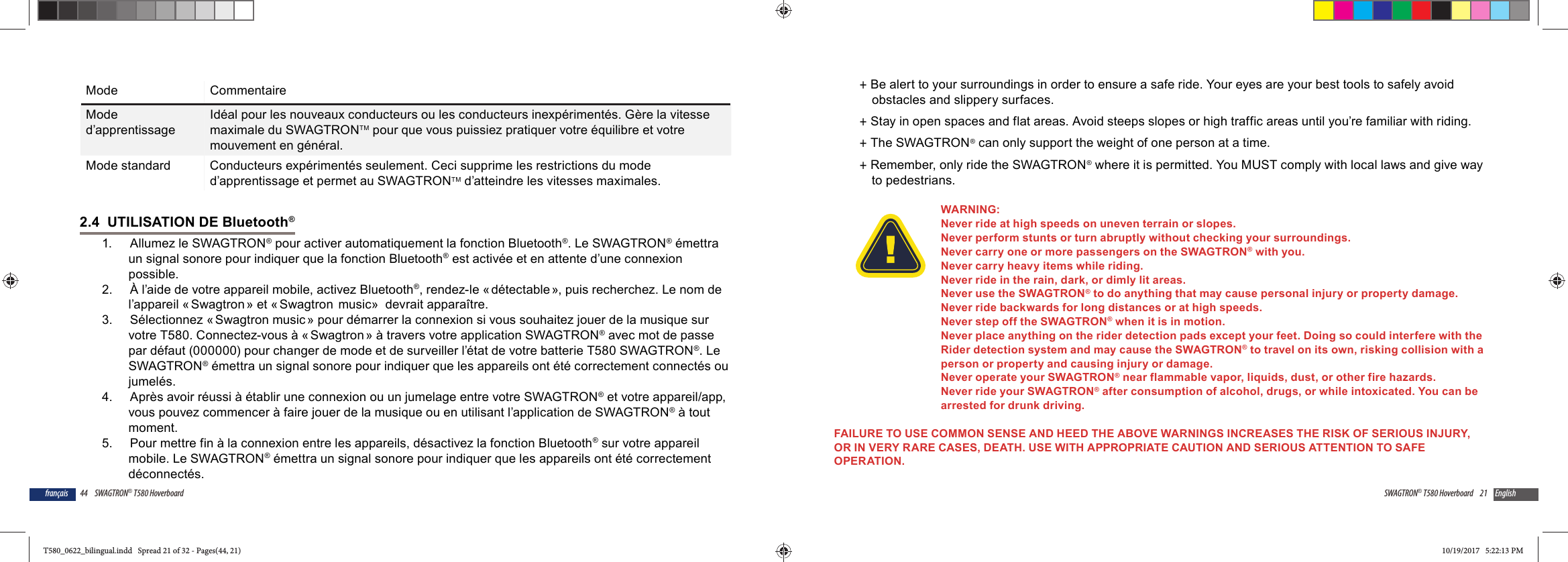 44 SWAGTRON&reg; T580 Hoverboardfran&ccedil;aisMode CommentaireMode d&rsquo;apprentissageId&eacute;al pour les nouveaux conducteurs ou les conducteurs inexp&eacute;riment&eacute;s. G&egrave;re la vitesse maximale du SWAGTRONTM pour que vous puissiez pratiquer votre &eacute;quilibre et votre mouvement en g&eacute;n&eacute;ral.Mode standard Conducteurs exp&eacute;riment&eacute;s seulement. Ceci supprime les restrictions du mode d&rsquo;apprentissage et permet au SWAGTRONTM d&rsquo;atteindre les vitesses maximales.2.4  UTILISATION DE Bluetooth&reg; 1.   Allumez le SWAGTRON&reg; pour activer automatiquement la fonction Bluetooth&reg;. Le SWAGTRON&reg; &eacute;mettra un signal sonore pour indiquer que la fonction Bluetooth&reg; est activ&eacute;e et en attente d&rsquo;une connexion possible.2.   &Agrave; l&rsquo;aide de votre appareil mobile, activez Bluetooth&reg;, rendez-le &laquo; d&eacute;tectable &raquo;, puis recherchez. Le nom de l&rsquo;appareil &laquo; Swagtron &raquo; et &laquo; Swagtron  music&raquo;  devrait appara&icirc;tre. 3.   S&eacute;lectionnez &laquo; Swagtron music &raquo; pour d&eacute;marrer la connexion si vous souhaitez jouer de la musique sur votre T580. Connectez-vous &agrave; &laquo; Swagtron &raquo; &agrave; travers votre application SWAGTRON&reg; avec mot de passe par d&eacute;faut (000000) pour changer de mode et de surveiller l&rsquo;&eacute;tat de votre batterie T580 SWAGTRON&reg;. Le SWAGTRON&reg; &eacute;mettra un signal sonore pour indiquer que les appareils ont &eacute;t&eacute; correctement connect&eacute;s ou jumel&eacute;s.4.   Apr&egrave;s avoir r&eacute;ussi &agrave; &eacute;tablir une connexion ou un jumelage entre votre SWAGTRON&reg; et votre appareil/app, vous pouvez commencer &agrave; faire jouer de la musique ou en utilisant l&rsquo;application de SWAGTRON&reg; &agrave; tout moment.5.   Pour mettre fin &agrave; la connexion entre les appareils, d&eacute;sactivez la fonction Bluetooth&reg; sur votre appareil mobile. Le SWAGTRON&reg; &eacute;mettra un signal sonore pour indiquer que les appareils ont &eacute;t&eacute; correctement d&eacute;connect&eacute;s. 21SWAGTRON&reg; T580 Hoverboard English +Be alert to your surroundings in order to ensure a safe ride. Your eyes are your best tools to safely avoid obstacles and slippery surfaces. +Stay in open spaces and flat areas. Avoid steeps slopes or high traffic areas until you&rsquo;re familiar with riding. +The SWAGTRON&reg; can only support the weight of one person at a time. +Remember, only ride the SWAGTRON&reg; where it is permitted. You MUST comply with local laws and give way to pedestrians.WARNING:Never ride at high speeds on uneven terrain or slopes. Never perform stunts or turn abruptly without checking your surroundings.Never carry one or more passengers on the SWAGTRON&reg; with you.Never carry heavy items while riding.Never ride in the rain, dark, or dimly lit areas. Never use the SWAGTRON&reg; to do anything that may cause personal injury or property damage.Never ride backwards for long distances or at high speeds. Never step off the SWAGTRON&reg; when it is in motion. Never place anything on the rider detection pads except your feet. Doing so could interfere with the Rider detection system and may cause the SWAGTRON&reg; to travel on its own, risking collision with a person or property and causing injury or damage.Never operate your SWAGTRON&reg; near flammable vapor, liquids, dust, or other fire hazards.Never ride your SWAGTRON&reg; after consumption of alcohol, drugs, or while intoxicated. You can be arrested for drunk driving.FAILURE TO USE COMMON SENSE AND HEED THE ABOVE WARNINGS INCREASES THE RISK OF SERIOUS INJURY, OR IN VERY RARE CASES, DEATH. USE WITH APPROPRIATE CAUTION AND SERIOUS ATTENTION TO SAFE OPERATION.T580_0622_bilingual.indd   Spread 21 of 32 - Pages(44, 21)T580_0622_bilingual.indd   Spread 21 of 32 - Pages(44, 21) 10/19/2017   5:22:13 PM10/19/2017   5:22:13 PM