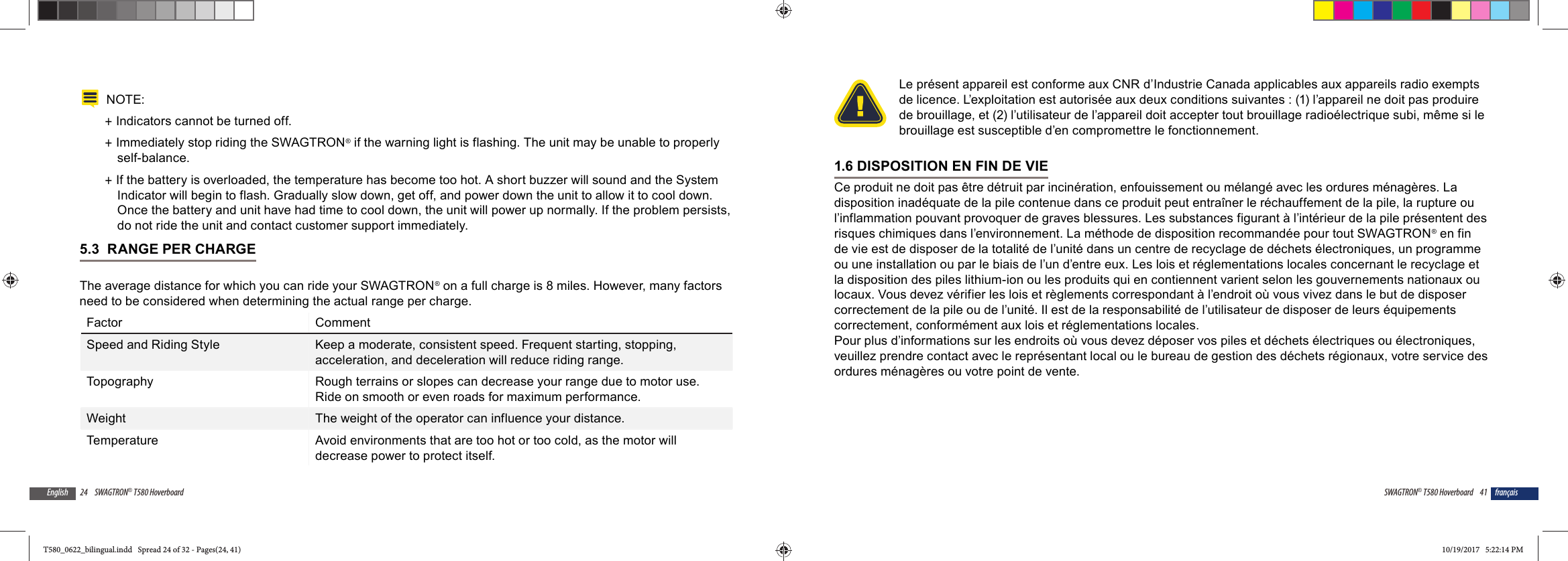 24 SWAGTRON&reg; T580 HoverboardEnglishNOTE:  +Indicators cannot be turned off. +Immediately stop riding the SWAGTRON&reg; if the warning light is flashing. The unit may be unable to properly self-balance. +If the battery is overloaded, the temperature has become too hot. A short buzzer will sound and the System Indicator will begin to flash. Gradually slow down, get off, and power down the unit to allow it to cool down. Once the battery and unit have had time to cool down, the unit will power up normally. If the problem persists, do not ride the unit and contact customer support immediately.5.3  RANGE PER CHARGEThe average distance for which you can ride your SWAGTRON&reg; on a full charge is 8 miles. However, many factors need to be considered when determining the actual range per charge.Factor CommentSpeed and Riding Style Keep a moderate, consistent speed. Frequent starting, stopping, acceleration, and deceleration will reduce riding range.Topography Rough terrains or slopes can decrease your range due to motor use. Ride on smooth or even roads for maximum performance.Weight The weight of the operator can influence your distance.Temperature Avoid environments that are too hot or too cold, as the motor will decrease power to protect itself.41SWAGTRON&reg; T580 Hoverboard fran&ccedil;aisLe pr&eacute;sent appareil est conforme aux CNR d&rsquo;Industrie Canada applicables aux appareils radio exempts de licence. L&rsquo;exploitation est autoris&eacute;e aux deux conditions suivantes : (1) l&rsquo;appareil ne doit pas produire de brouillage, et (2) l&rsquo;utilisateur de l&rsquo;appareil doit accepter tout brouillage radio&eacute;lectrique subi, m&ecirc;me si le brouillage est susceptible d&rsquo;en compromettre le fonctionnement.1.6 DISPOSITION EN FIN DE VIECe produit ne doit pas &ecirc;tre d&eacute;truit par incin&eacute;ration, enfouissement ou m&eacute;lang&eacute; avec les ordures m&eacute;nag&egrave;res. La disposition inad&eacute;quate de la pile contenue dans ce produit peut entra&icirc;ner le r&eacute;chauffement de la pile, la rupture ou l&rsquo;inflammation pouvant provoquer de graves blessures. Les substances figurant &agrave; l&rsquo;int&eacute;rieur de la pile pr&eacute;sentent des risques chimiques dans l&rsquo;environnement. La m&eacute;thode de disposition recommand&eacute;e pour tout SWAGTRON&reg; en fin de vie est de disposer de la totalit&eacute; de l&rsquo;unit&eacute; dans un centre de recyclage de d&eacute;chets &eacute;lectroniques, un programme ou une installation ou par le biais de l&rsquo;un d&rsquo;entre eux. Les lois et r&eacute;glementations locales concernant le recyclage et la disposition des piles lithium-ion ou les produits qui en contiennent varient selon les gouvernements nationaux ou locaux. Vous devez v&eacute;rifier les lois et r&egrave;glements correspondant &agrave; l&rsquo;endroit o&ugrave; vous vivez dans le but de disposer correctement de la pile ou de l&rsquo;unit&eacute;. Il est de la responsabilit&eacute; de l&rsquo;utilisateur de disposer de leurs &eacute;quipements correctement, conform&eacute;ment aux lois et r&eacute;glementations locales.Pour plus d&rsquo;informations sur les endroits o&ugrave; vous devez d&eacute;poser vos piles et d&eacute;chets &eacute;lectriques ou &eacute;lectroniques, veuillez prendre contact avec le repr&eacute;sentant local ou le bureau de gestion des d&eacute;chets r&eacute;gionaux, votre service des ordures m&eacute;nag&egrave;res ou votre point de vente.T580_0622_bilingual.indd   Spread 24 of 32 - Pages(24, 41)T580_0622_bilingual.indd   Spread 24 of 32 - Pages(24, 41) 10/19/2017   5:22:14 PM10/19/2017   5:22:14 PM