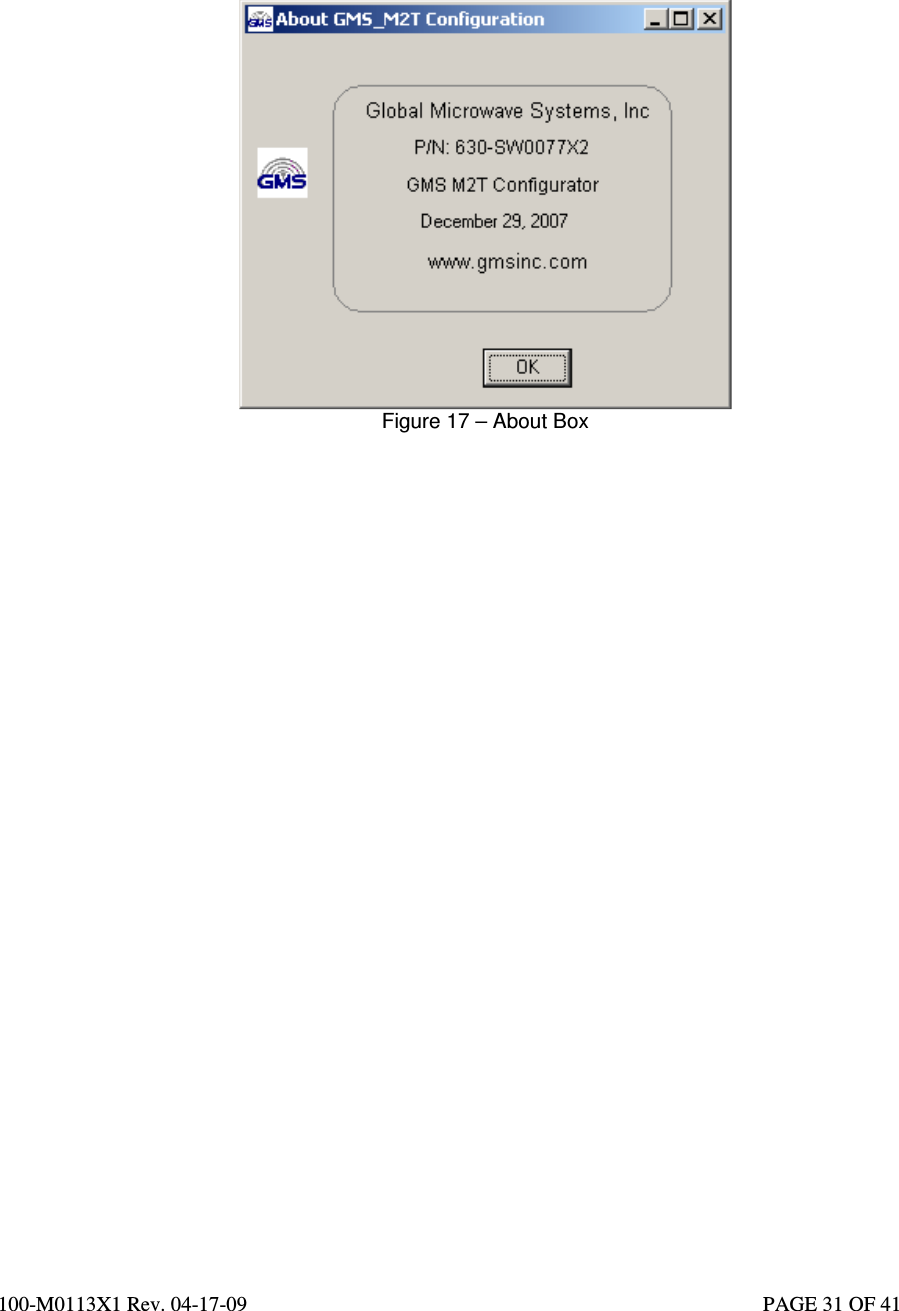  100-M0113X1 Rev. 04-17-09                                                                                                   PAGE 31 OF 41           Figure 17 – About Box                                  