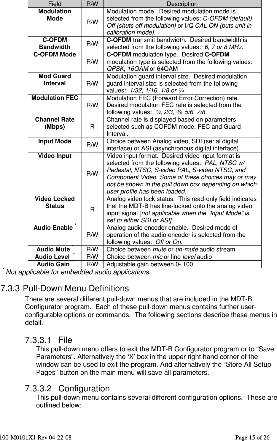  100-M0101X1 Rev 04-22-08                                                                                                          Page 15 of 26   Field  R/W  Description Modulation Mode  R/W Modulation mode.  Desired modulation mode is selected from the following values: C-OFDM (default) Off (shuts off modulation) or I/Q CAL ON (puts unit in calibration mode). C-OFDM Bandwidth  R/W  C-OFDM transmit bandwidth.  Desired bandwidth is selected from the following values:  6, 7 or 8 MHz. C-OFDM Mode R/W C-OFDM modulation type.  Desired C-OFDM modulation type is selected from the following values:  QPSK, 16QAM or 64QAM Mod Guard Interval  R/W Modulation guard interval size.  Desired modulation guard interval size is selected from the following values:  1/32, 1/16, 1/8 or ¼. Modulation FEC R/W Modulation FEC (Forward Error Correction) rate.  Desired modulation FEC rate is selected from the following values:  ½, 2/3, ¾, 5/6, 7/8. Channel Rate (Mbps)  R Channel rate is displayed based on parameters selected such as COFDM mode, FEC and Guard Interval. Input Mode  R/W  Choice between Analog video, SDI (serial digital interface) or ASI (asynchronous digital interface) Video Input R/W Video input format.  Desired video input format is selected from the following values:  PAL, NTSC w/ Pedestal, NTSC, S-video PAL, S-video NTSC, and Component Video. Some of these choices may or may not be shown in the pull down box depending on which user profile has been loaded. Video Locked Status  R Analog video lock status.  This read-only field indicates that the MDT-B has line-locked onto the analog video input signal [not applicable when the “Input Mode” is set to either SDI or ASI] Audio Enable * R/W Analog audio encoder enable.  Desired mode of operation of the audio encoder is selected from the following values:  Off or On. Audio Mute * R/W  Choice between mute or un-mute audio stream Audio Level  * R/W  Choice between mic or line level audio Audio Gain * R/W  Adjustable gain between 0- 100 * Not applicable for embedded audio applications. 7.3.3 Pull-Down Menu Definitions There are several different pull-down menus that are included in the MDT-B Configurator program.  Each of these pull-down menus contains further user-configurable options or commands.  The following sections describe these menus in detail.  7.3.3.1  File This pull-down menu offers to exit the MDT-B Configurator program or to “Save Parameters”. Alternatively the ‘X’ box in the upper right hand corner of the window can be used to exit the program. And alternatively the “Store All Setup Pages” button on the main menu will save all parameters.   7.3.3.2  Configuration This pull-down menu contains several different configuration options.  These are outlined below:  