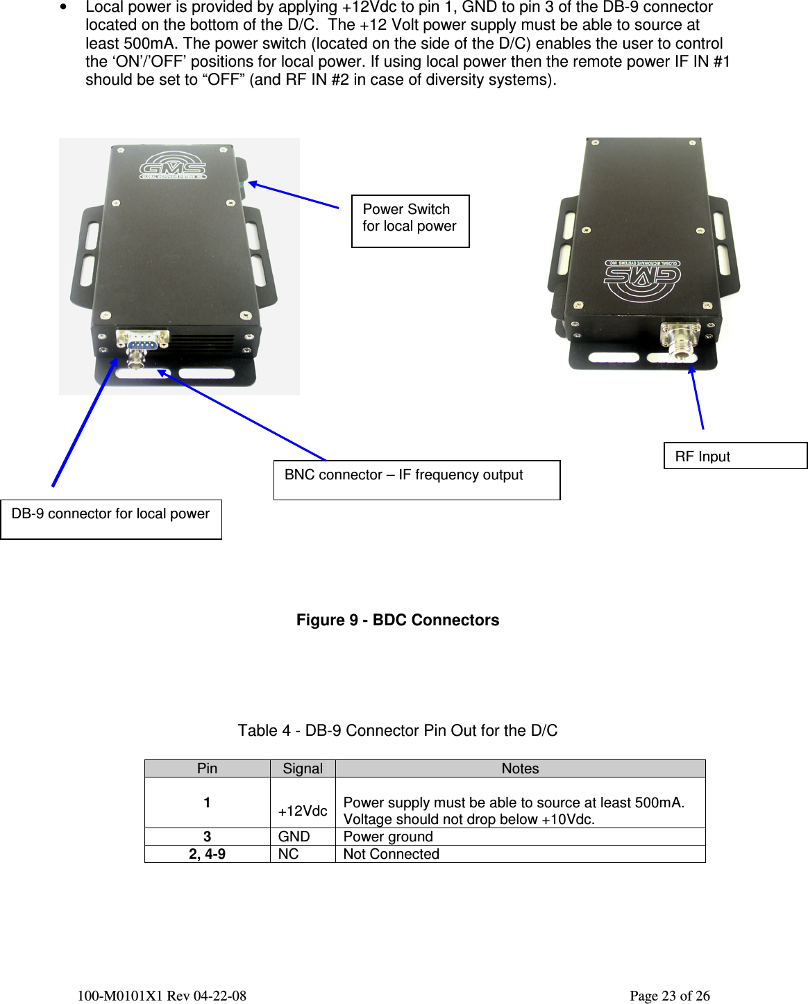  100-M0101X1 Rev 04-22-08                                                                                                          Page 23 of 26    •  Local power is provided by applying +12Vdc to pin 1, GND to pin 3 of the DB-9 connector located on the bottom of the D/C.  The +12 Volt power supply must be able to source at least 500mA. The power switch (located on the side of the D/C) enables the user to control the ‘ON’/’OFF’ positions for local power. If using local power then the remote power IF IN #1 should be set to “OFF” (and RF IN #2 in case of diversity systems).                Figure 9 - BDC Connectors      Table 4 - DB-9 Connector Pin Out for the D/C  Pin  Signal  Notes  1   +12Vdc  Power supply must be able to source at least 500mA. Voltage should not drop below +10Vdc. 3  GND  Power ground 2, 4-9  NC  Not Connected     DB-9 connector for local power BNC connector – IF frequency output RF Input Power Switch for local power 