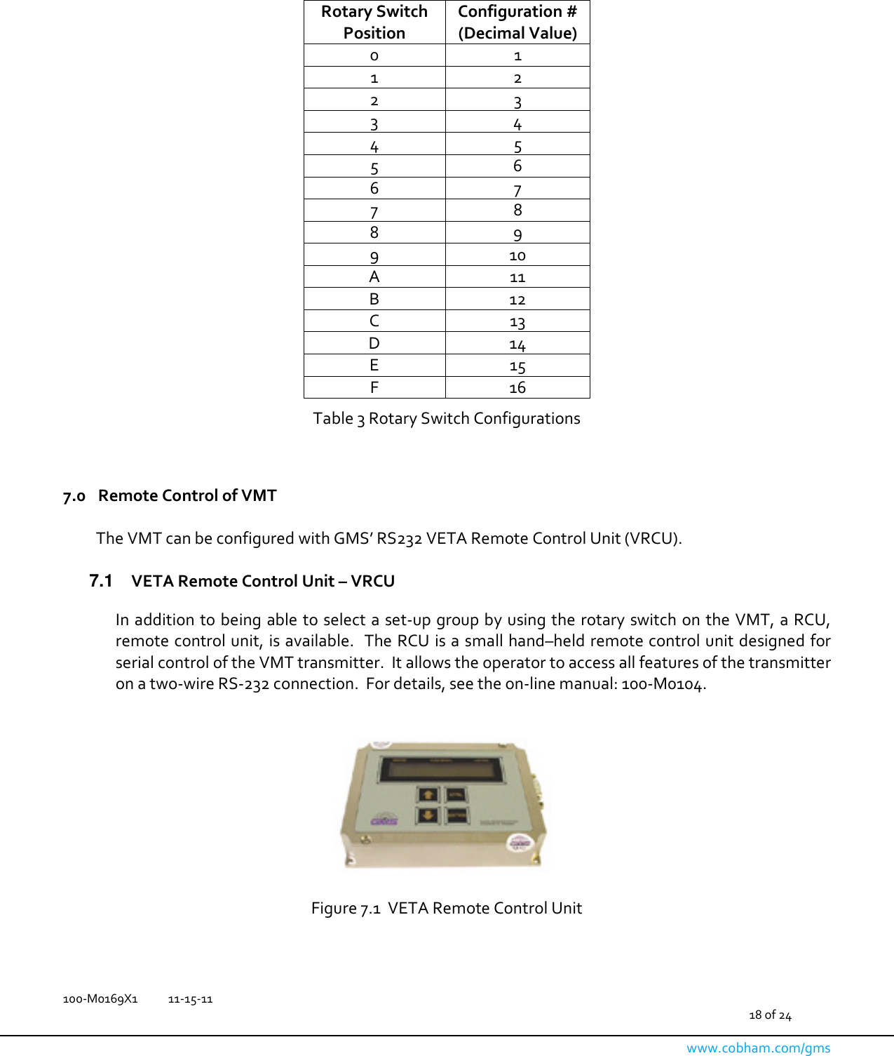   100-M0169X1  11-15-11                                         18 of 24  www.cobham.com/gms    Rotary Switch Position Configuration # (Decimal Value) 0  1 1  2 2  3 3  4 4  5 5  6 6  7 7  8 8  9 9  10 A  11 B  12 C  13 D  14 E  15 F  16 Table 3 Rotary Switch Configurations  7.0  Remote Control of VMT  The VMT can be configured with GMS’ RS232 VETA Remote Control Unit (VRCU).    7.1  VETA Remote Control Unit – VRCU  In addition to being able to select a set-up group by  using the rotary switch on the VMT, a RCU, remote control unit, is available.  The RCU is a small hand–held remote control unit designed for serial control of the VMT transmitter.  It allows the operator to access all features of the transmitter on a two-wire RS-232 connection.  For details, see the on-line manual: 100-M0104.   Figure 7.1  VETA Remote Control Unit   