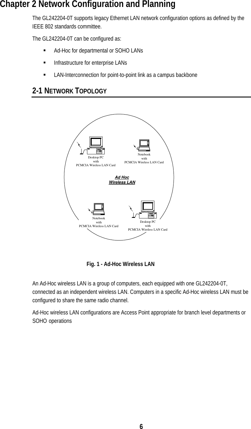 6Chapter 2 Network Configuration and PlanningThe GL242204-0T supports legacy Ethernet LAN network configuration options as defined by theIEEE 802 standards committee.The GL242204-0T can be configured as:§ Ad-Hoc for departmental or SOHO LANs§ Infrastructure for enterprise LANs§ LAN-Interconnection for point-to-point link as a campus backbone2-1 NETWORK TOPOLOGYDesktop PCwithPCMCIA Wireless LAN CardDesktop PCwithPCMCIA Wireless LAN CardNotebookwithPCMCIA Wireless LAN CardNotebookwithPCMCIA Wireless LAN CardAd HocWireless LANFig. 1 - Ad-Hoc Wireless LANAn Ad-Hoc wireless LAN is a group of computers, each equipped with one GL242204-0T,connected as an independent wireless LAN. Computers in a specific Ad-Hoc wireless LAN must beconfigured to share the same radio channel.Ad-Hoc wireless LAN configurations are Access Point appropriate for branch level departments orSOHO operations