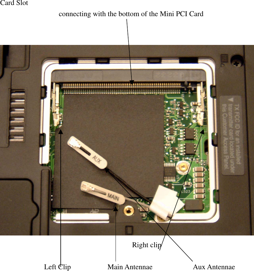 Card Slot         connecting with the bottom of the Mini PCI Card                     Right clip        Left Clip          Main Antennae           Aux Antennae                 