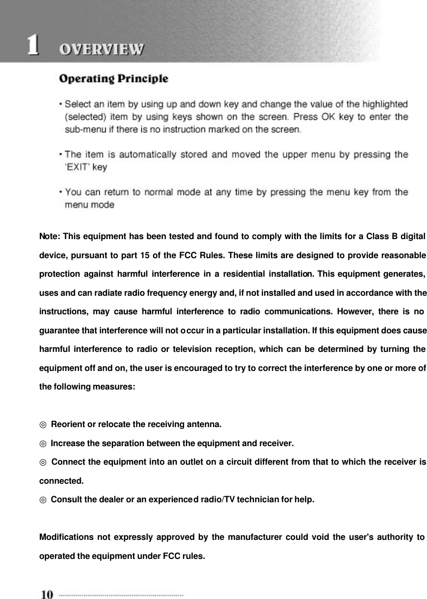    Note: This equipment has been tested and found to comply with the limits for a Class B digital device, pursuant to part 15 of the FCC Rules. These limits are designed to provide reasonable protection against harmful interference in a residential installation. This equipment generates, uses and can radiate radio frequency energy and, if not installed and used in accordance with the instructions, may cause harmful interference to radio communications. However, there is no guarantee that interference will not occur in a particular installation. If this equipment does cause harmful interference to radio or television reception, which can be determined by turning the equipment off and on, the user is encouraged to try to correct the interference by one or more of the following measures:    ◎ Reorient or relocate the receiving antenna.   ◎ Increase the separation between the equipment and receiver.   ◎ Connect the equipment into an outlet on a circuit different from that to which the receiver is connected.   ◎ Consult the dealer or an experienced radio/TV technician for help.    Modifications not expressly approved by the manufacturer could void the user's authority to operated the equipment under FCC rules. 