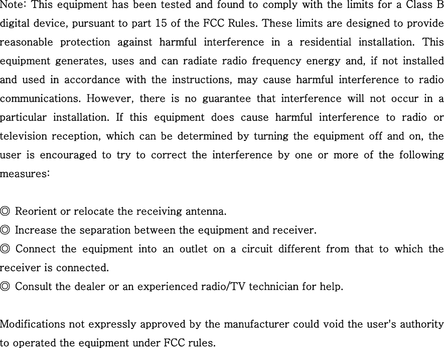    Note: This equipment has been tested and found to comply with the limits for a Class B digital device, pursuant to part 15 of the FCC Rules. These limits are designed to provide reasonable  protection  against  harmful  interference  in  a  residential  installation.  This equipment  generates,  uses  and  can  radiate  radio  frequency  energy  and,  if  not  installed and  used  in  accordance  with  the  instructions,  may  cause  harmful interference to radio communications.  However,  there  is  no  guarantee  that  interference will not occur in a particular installation. If this equipment does cause harmful interference  to  radio  or television  reception, which  can be  determined by  turning  the equipment off  and  on,  the user is encouraged to try to correct the interference by one or  more  of  the  following measures:    ◎  Reorient or relocate the receiving antenna.   ◎  Increase the separation between the equipment and receiver.   ◎  Connect  the  equipment  into  an  outlet  on  a  circuit  different  from  that  to  which  the receiver is connected.   ◎  Consult the dealer or an experienced radio/TV technician for help.    Modifications not expressly approved by the manufacturer could void the user's authority to operated the equipment under FCC rules.            