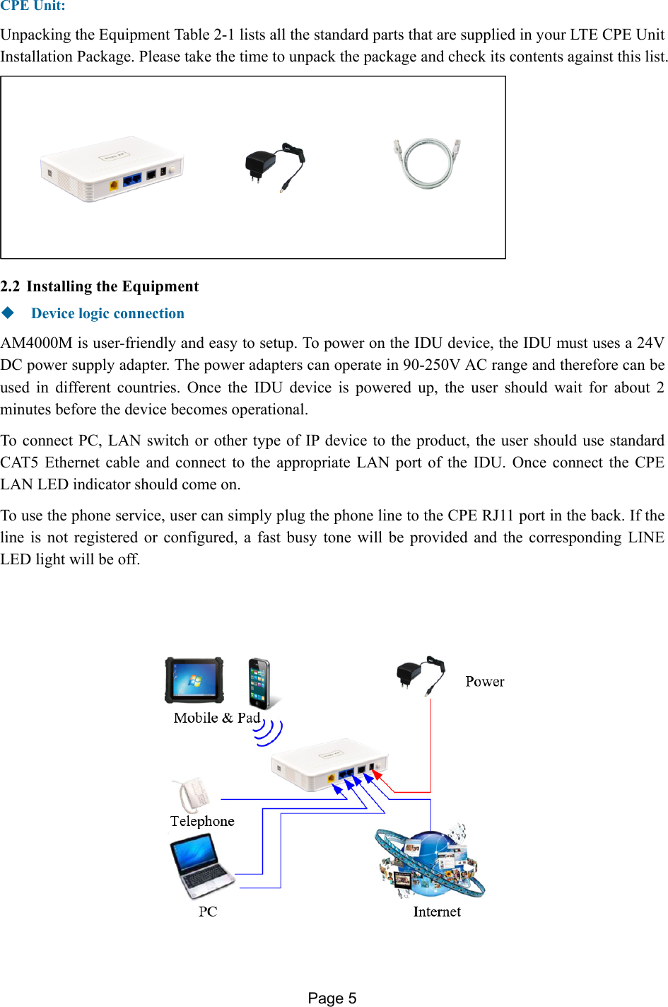 Page 5   CPE Unit: Unpacking the Equipment Table 2-1 lists all the standard parts that are supplied in your LTE CPE Unit Installation Package. Please take the time to unpack the package and check its contents against this list.  2.2 Installing the Equipment   Device logic connection AM4000M is user-friendly and easy to setup. To power on the IDU device, the IDU must uses a 24V DC power supply adapter. The power adapters can operate in 90-250V AC range and therefore can be used in different countries. Once the IDU device is powered up, the user should wait for about 2 minutes before the device becomes operational.  To connect PC, LAN switch or other type of IP device to the product, the user should use standard CAT5 Ethernet cable and connect to the appropriate LAN port of the IDU. Once connect the CPE LAN LED indicator should come on.  To use the phone service, user can simply plug the phone line to the CPE RJ11 port in the back. If the line is not registered or configured, a fast busy tone will be provided and the corresponding LINE LED light will be off.   