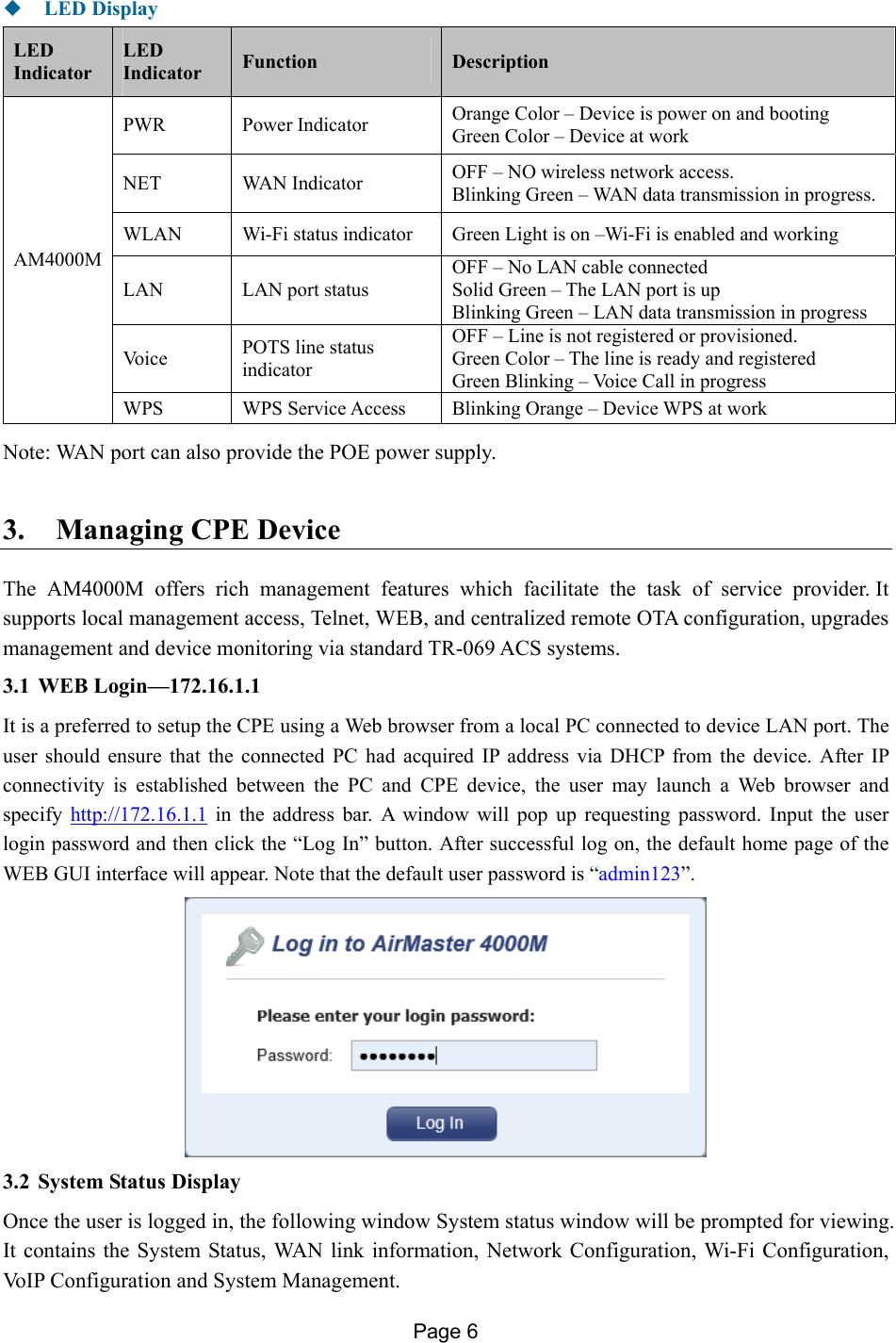 Page 6    LED Display LED Indicator LED Indicator  Function  Description AM4000M PWR  Power Indicator   Orange Color – Device is power on and booting Green Color – Device at work NET WAN Indicator  OFF – NO wireless network access. Blinking Green – WAN data transmission in progress. WLAN  Wi-Fi status indicator  Green Light is on –Wi-Fi is enabled and working LAN  LAN port status OFF – No LAN cable connected Solid Green – The LAN port is up Blinking Green – LAN data transmission in progress Vo i c e   POTS line status indicator OFF – Line is not registered or provisioned. Green Color – The line is ready and registered Green Blinking – Voice Call in progress WPS  WPS Service Access  Blinking Orange – Device WPS at work Note: WAN port can also provide the POE power supply. 3. Managing CPE Device The AM4000M offers rich management features which facilitate the task of service provider. It supports local management access, Telnet, WEB, and centralized remote OTA configuration, upgrades management and device monitoring via standard TR-069 ACS systems. 3.1 WEB Login—172.16.1.1 It is a preferred to setup the CPE using a Web browser from a local PC connected to device LAN port. The user should ensure that the connected PC had acquired IP address via DHCP from the device. After IP connectivity is established between the PC and CPE device, the user may launch a Web browser and specify  http://172.16.1.1 in the address bar. A window will pop up requesting password. Input the user login password and then click the “Log In” button. After successful log on, the default home page of the WEB GUI interface will appear. Note that the default user password is “admin123”.  3.2 System Status Display Once the user is logged in, the following window System status window will be prompted for viewing. It contains the System Status, WAN link information, Network Configuration, Wi-Fi Configuration, VoIP Configuration and System Management.  