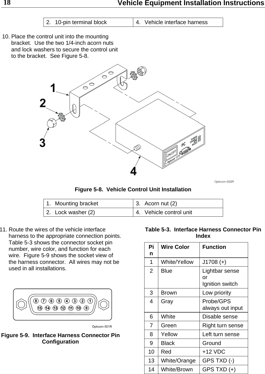  Vehicle Equipment Installation Instructions 18 2.  10-pin terminal block  4.  Vehicle interface harness  10. Place the control unit into the mounting bracket.  Use the two 1/4-inch acorn nuts and lock washers to secure the control unit to the bracket.  See Figure 5-8.    Figure 5-8.  Vehicle Control Unit Installation 1.  Mounting bracket  3.  Acorn nut (2) 2.  Lock washer (2)  4.  Vehicle control unit  11. Route the wires of the vehicle interface harness to the appropriate connection points.  Table 5-3 shows the connector socket pin number, wire color, and function for each wire.  Figure 5-9 shows the socket view of the harness connector.  All wires may not be used in all installations.   Figure 5-9.  Interface Harness Connector Pin Configuration   Table 5-3.  Interface Harness Connector Pin Index Pin  Wire Color  Function 1 White/Yellow J1708 (+) 2 Blue  Lightbar sense or  Ignition switch 3 Brown  Low priority 4 Gray  Probe/GPS always out input 6 White  Disable sense 7  Green  Right turn sense 8  Yellow  Left turn sense 9 Black  Ground 10 Red  +12 VDC 13  White/Orange  GPS TXD (-) 14  White/Brown  GPS TXD (+) 